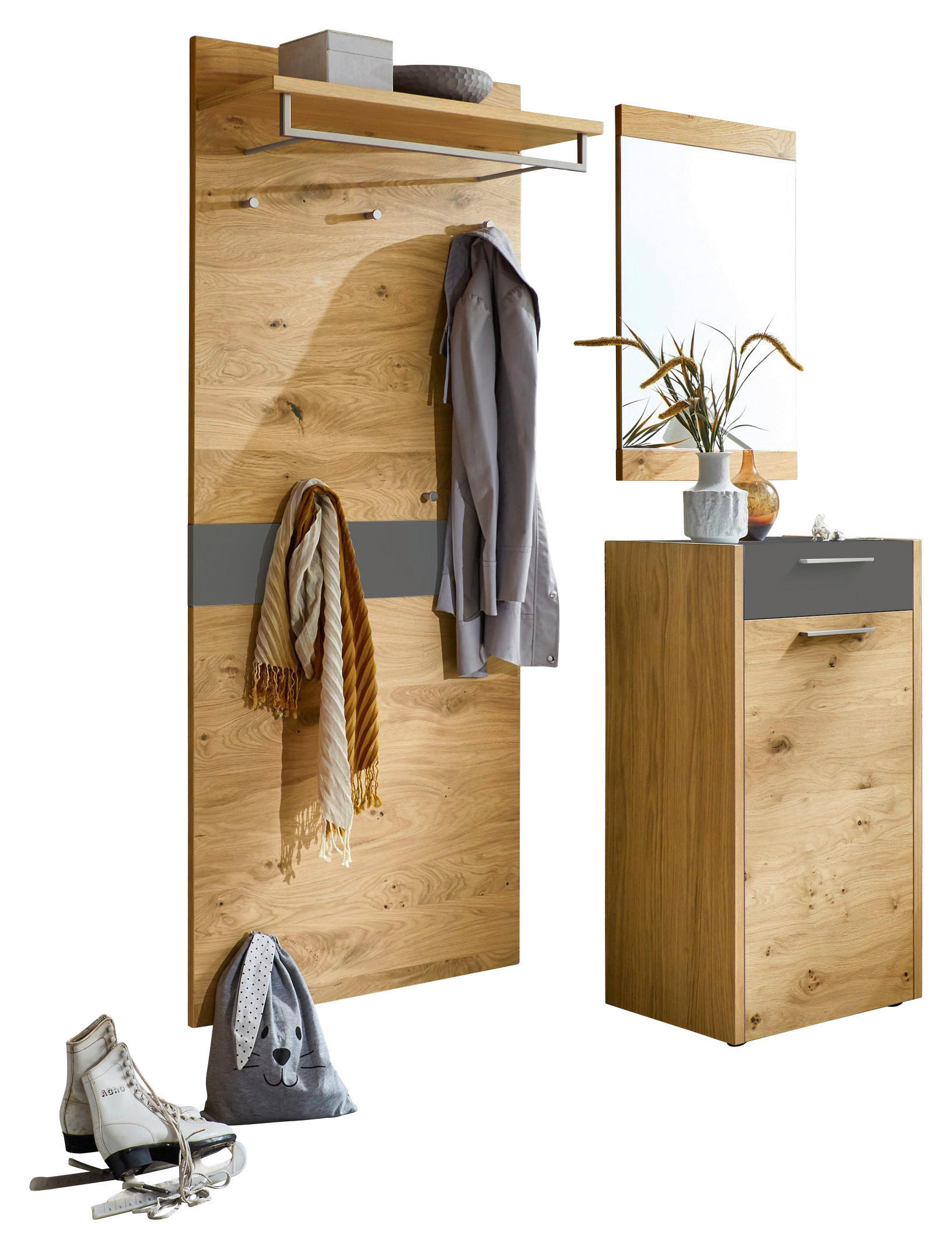 GARDEROBE 3-teilig in 150/195/37 cm - Eichefarben/Grau, Design, Glas/Holz (150/195/37cm)
