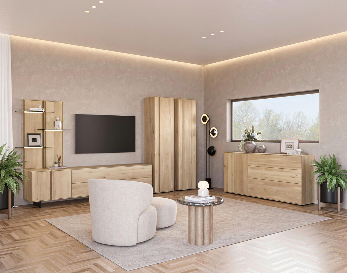 WOHNWAND  Eichefarben 363/205,8/50 cm  - Eichefarben/Schwarz, Natur, Glas/Holz (363/205,8/50cm) - Cassando