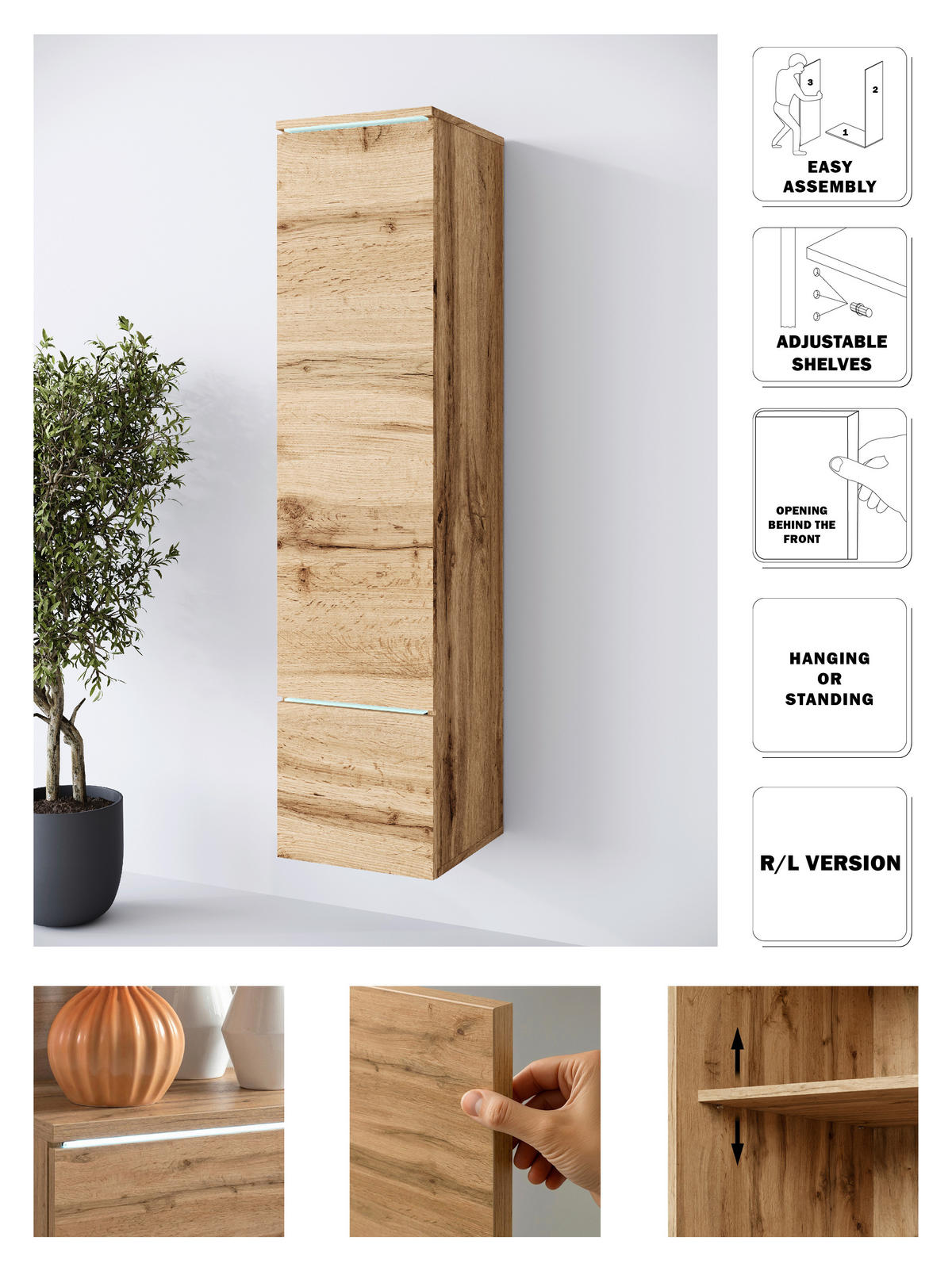 HOCHSCHRANK 30/130/33 cm  - Eiche Wotan/Grau, Design, Holzwerkstoff/Kunststoff (30/130/33cm) - Livetastic