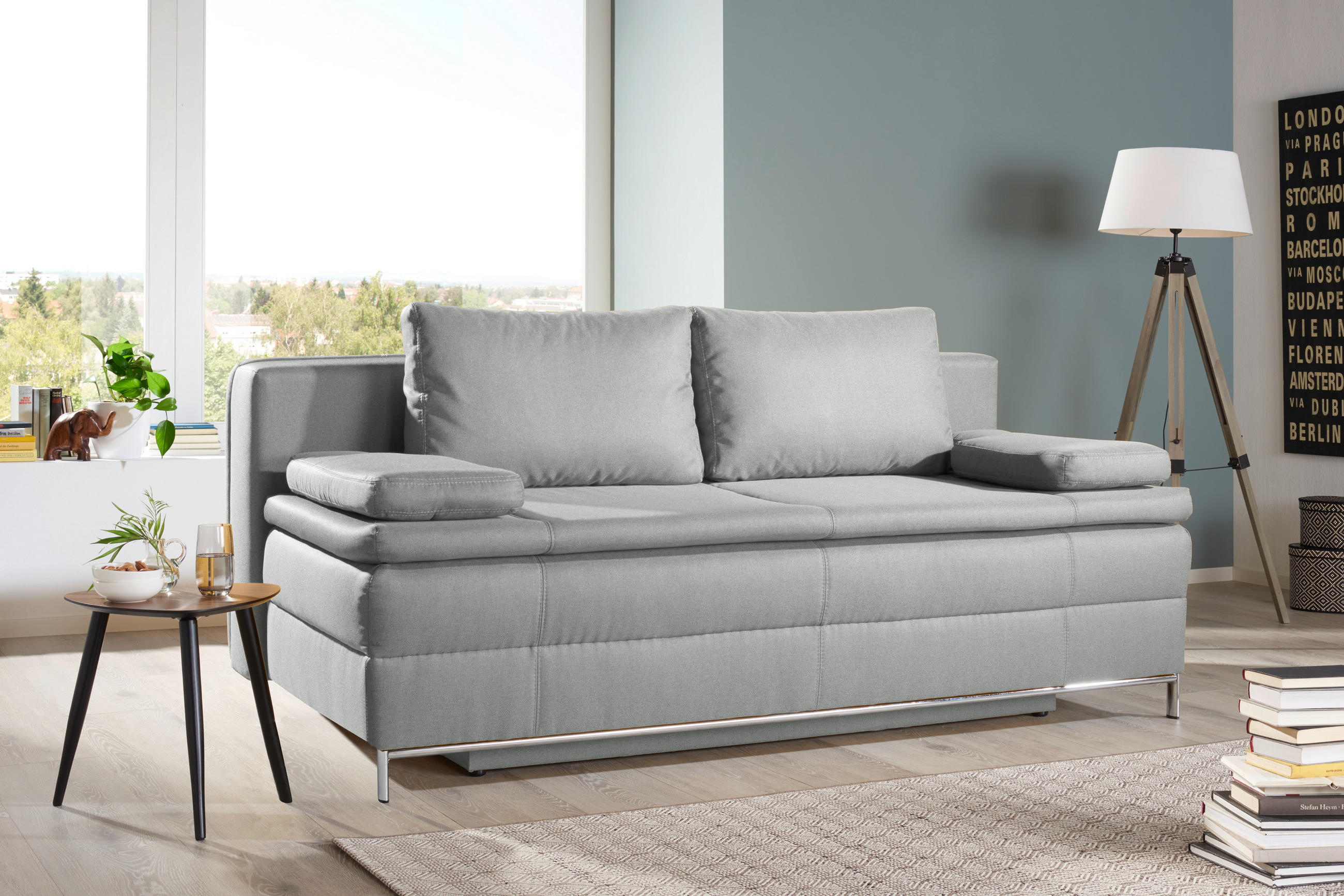 BOXSPRINGSOFA Flachgewebe Hellgrau  - Chromfarben/Hellgrau, Design, Textil/Metall (200/93/107cm) - Novel