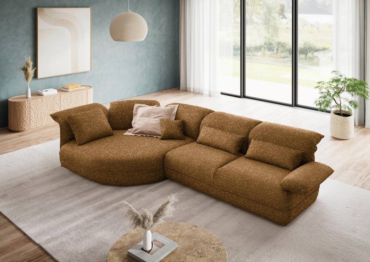 ECKSOFA  in Chenille Cognac Rücken echt, Armteilverstellung, Kopfteilverstellung  154/343 cm  - Cognac/Schwarz, Design, Kunststoff/Textil (154/343cm) - Koinor
