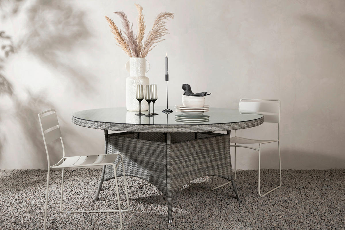 UTEBORD metall, plast, glas rund  - grå, Klassisk, metall/glas (150/150/74cm) - Gardenson