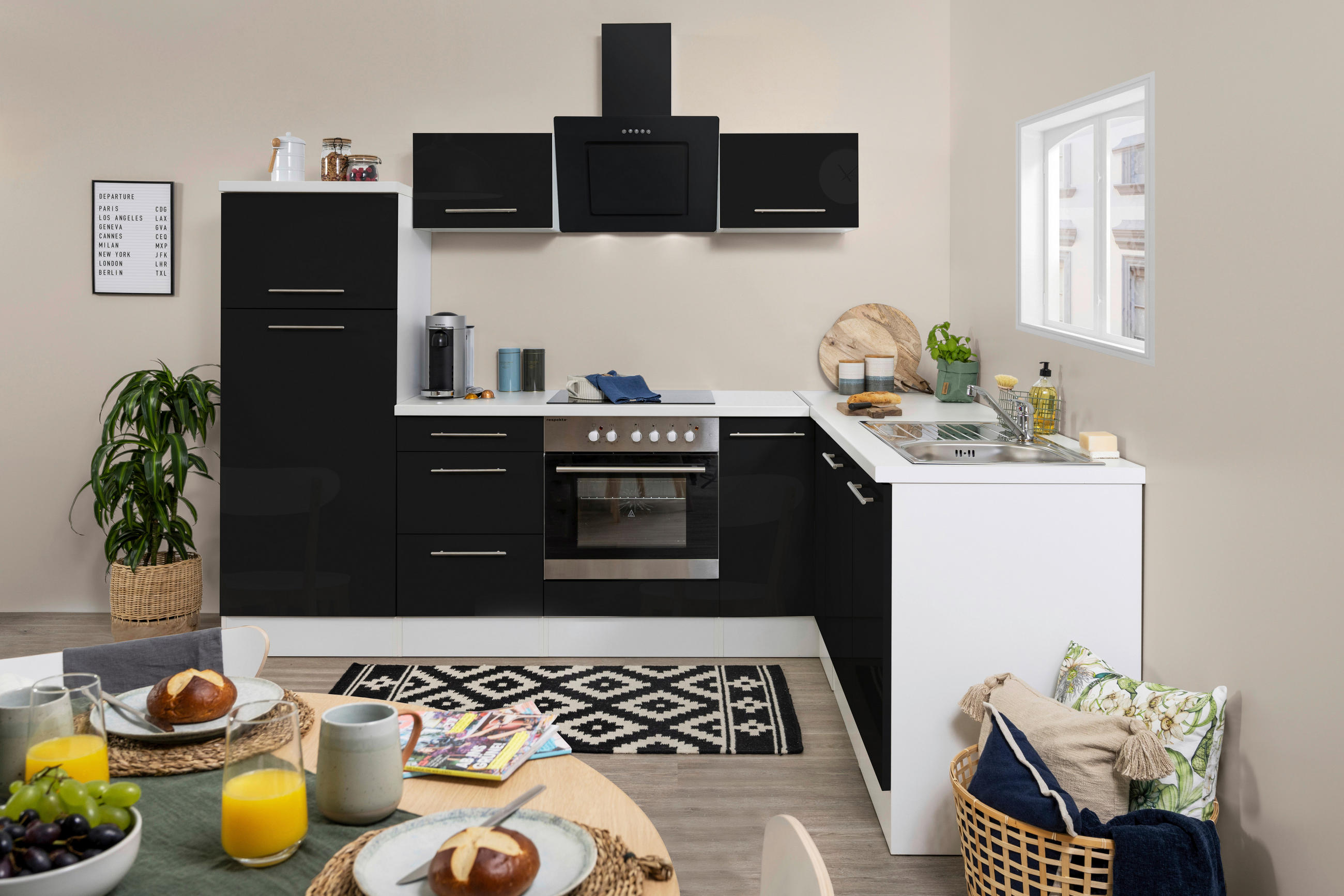 ECKKÜCHE 260/200 cm  in Weiß, Schwarz  - Alufarben/Schwarz, KONVENTIONELL, Holzwerkstoff (260/200cm) - Respekta