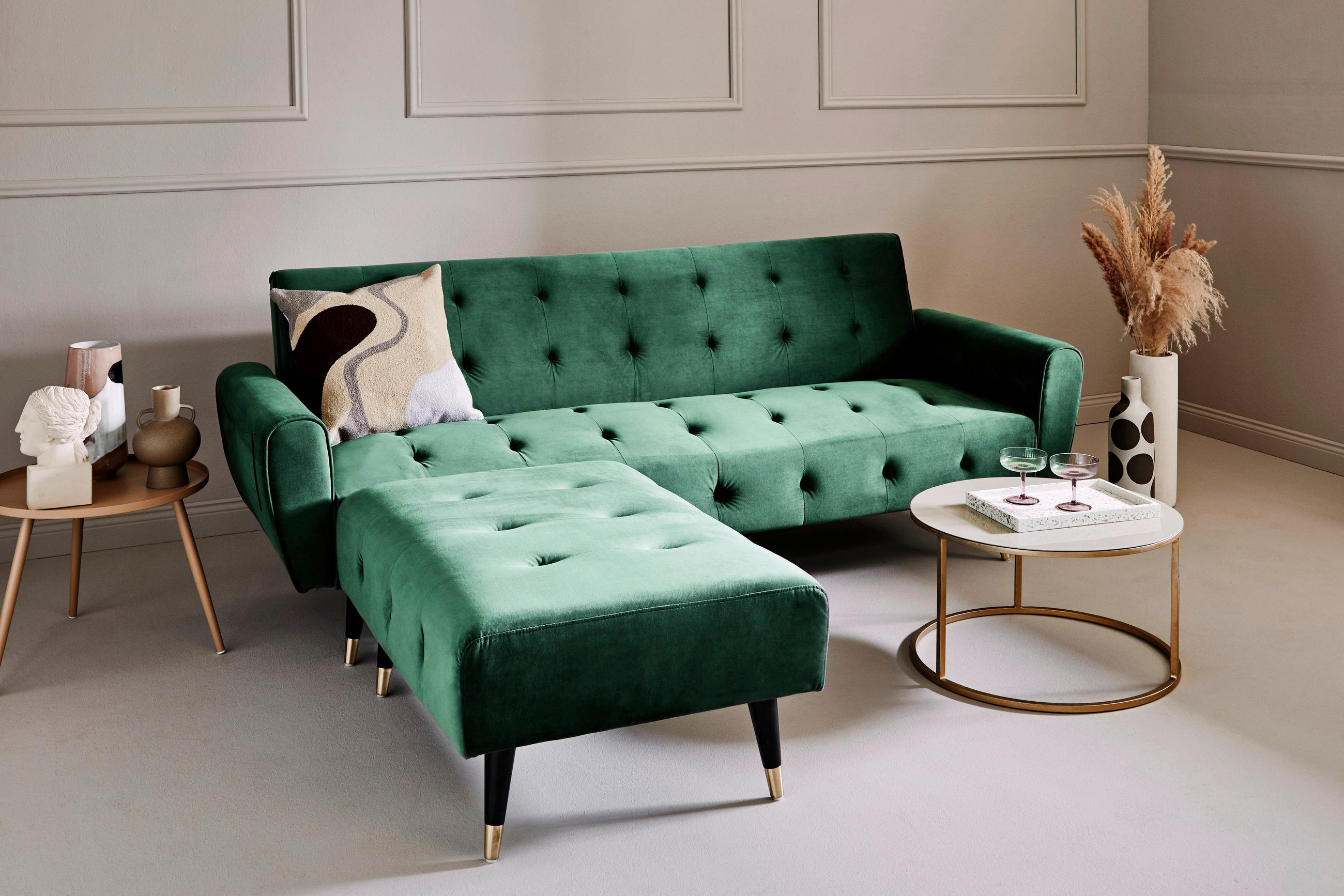 ECKSCHLAFSOFA CHILLAX DREAM CORNER EU Grün Samt  - Goldfarben/Schwarz, MODERN, Holz/Textil (213/153/173cm) - Livetastic