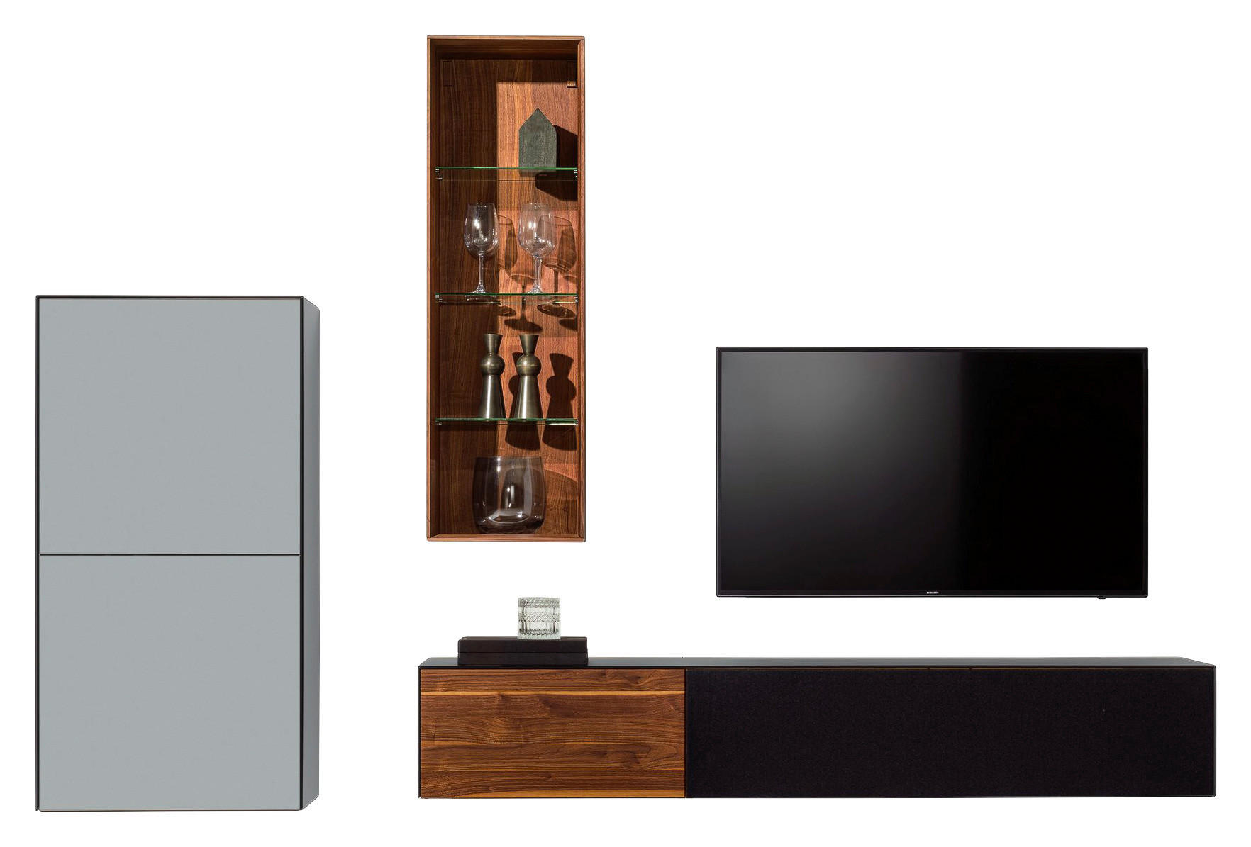 WOHNWAND  in Grau, Schwarz, Nussbaumfarben  282,4/221,4/48,4 cm  - Nussbaumfarben/Schwarz, Design, Glas/Holz (282,4/221,4/48,4cm) - Team 7