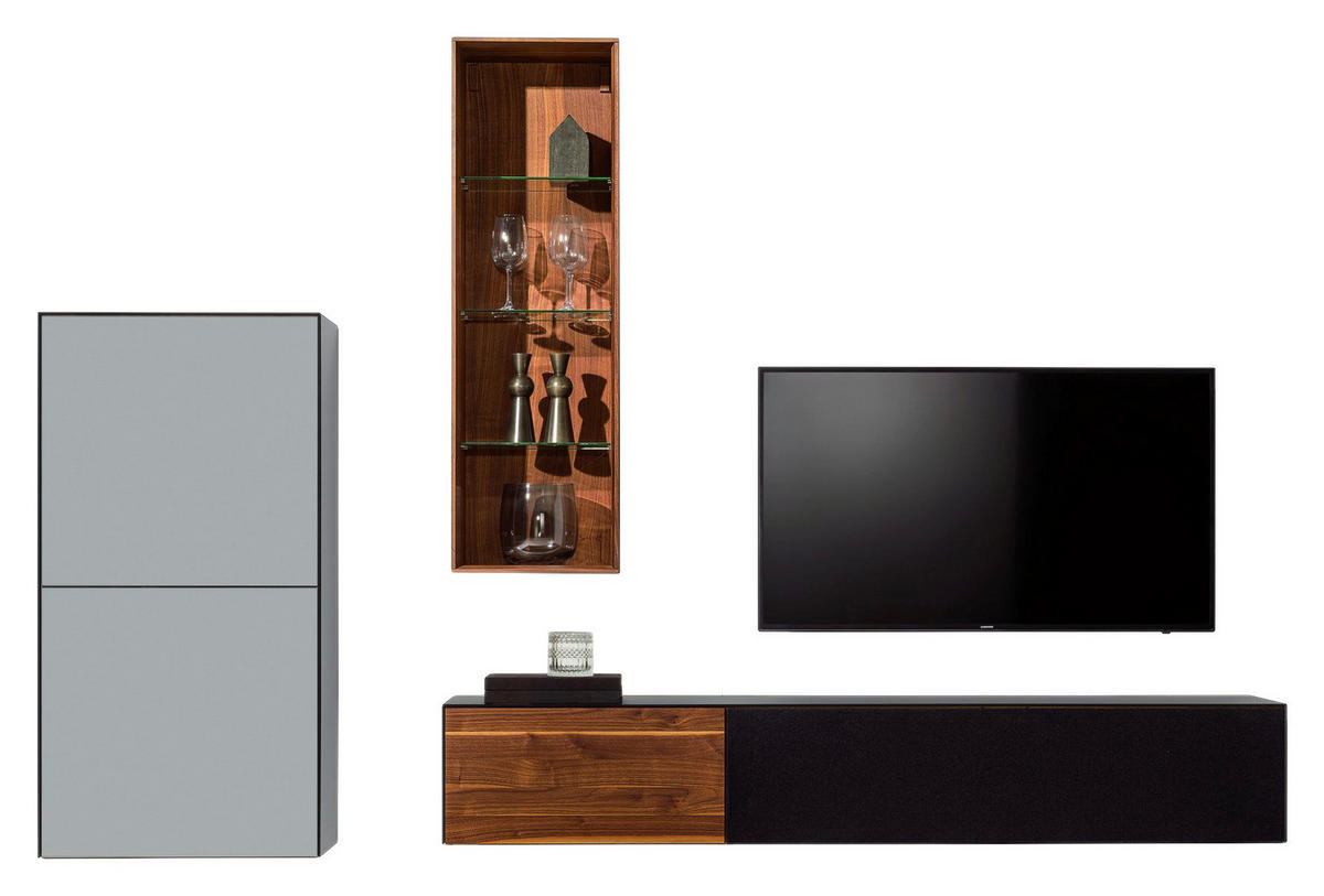 WOHNWAND  in Grau, Schwarz, Nussbaumfarben  282,4/221,4/48,4 cm  - Nussbaumfarben/Schwarz, Design, Glas/Holz (282,4/221,4/48,4cm) - Team 7