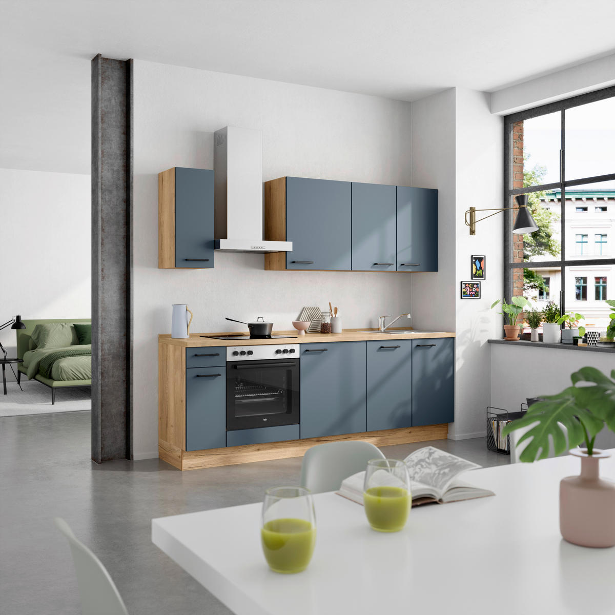 KÜCHENBLOCK Easytouch 240 cm  in Blau, Eichefarben  - Blau/Dunkelgrün, MODERN, Holzwerkstoff/Metall (240cm) - Nobilia