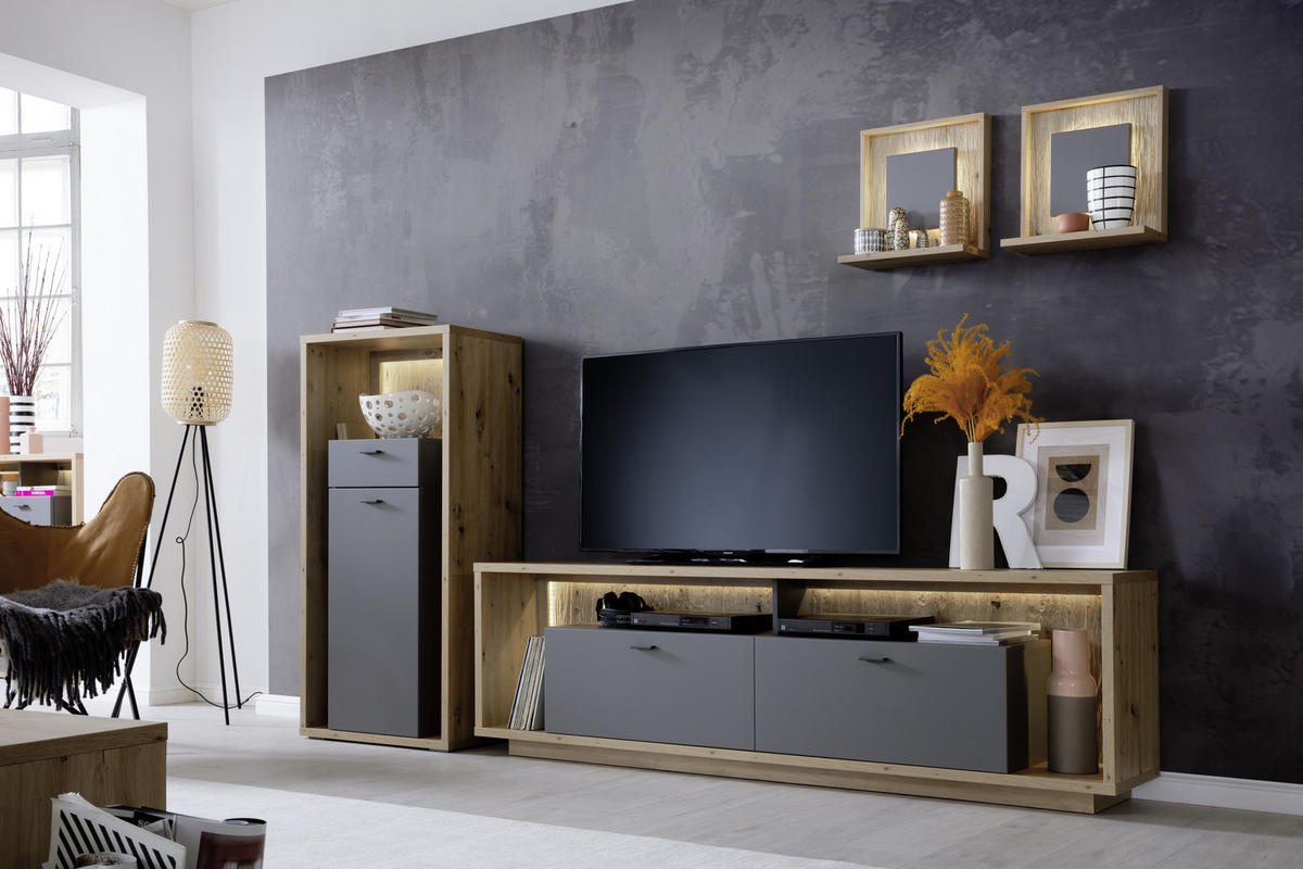 WOHNWAND  in Grau, Eichefarben  286/200/40 cm  - Eichefarben/Grau, Design, Holzwerkstoff/Metall (286/200/40cm) - MID.YOU