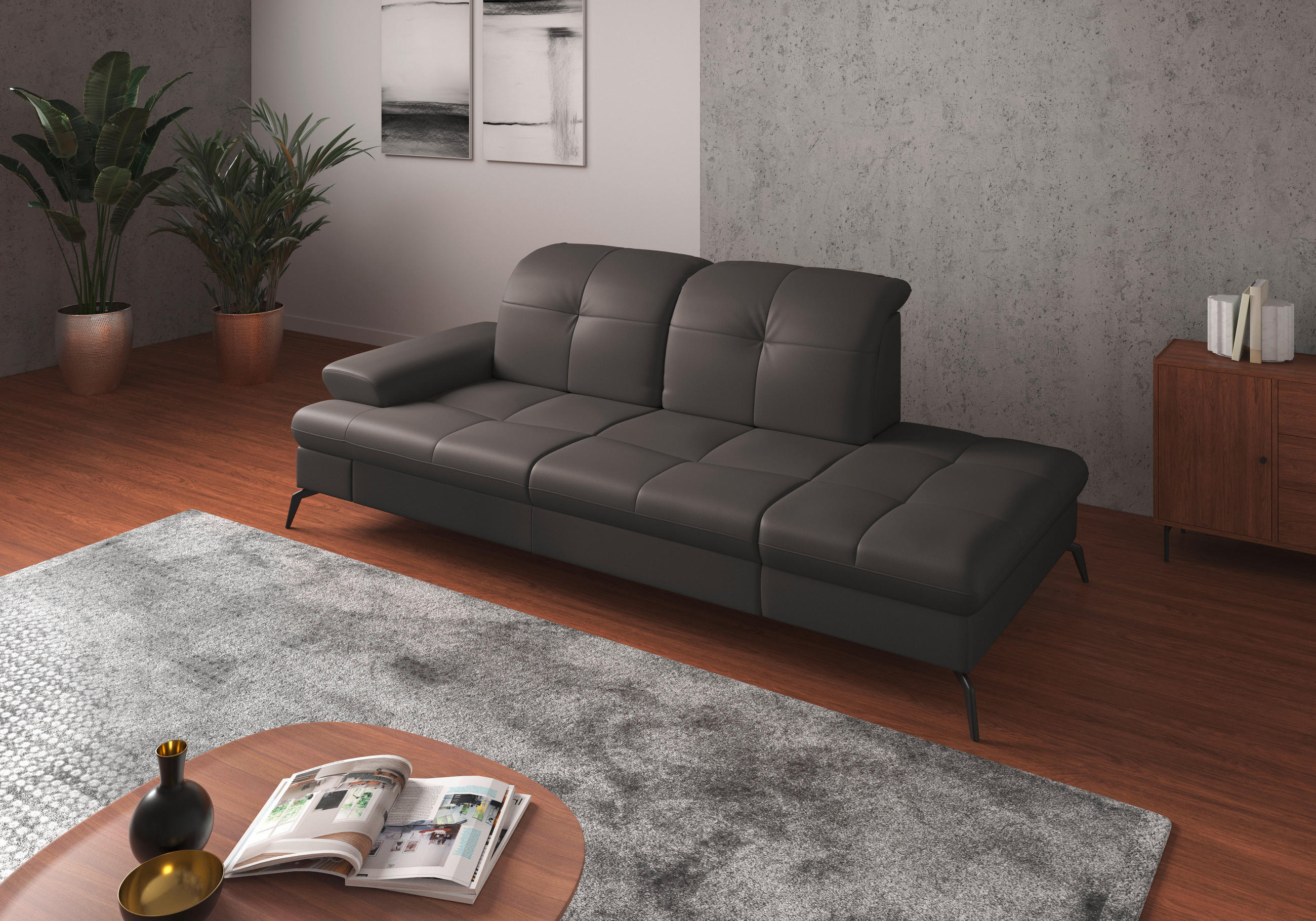 RÉCAMIERE in Echtleder Mokka  - Schwarz/Mokka, KONVENTIONELL, Leder/Metall (231/90/122cm) - Sit & More