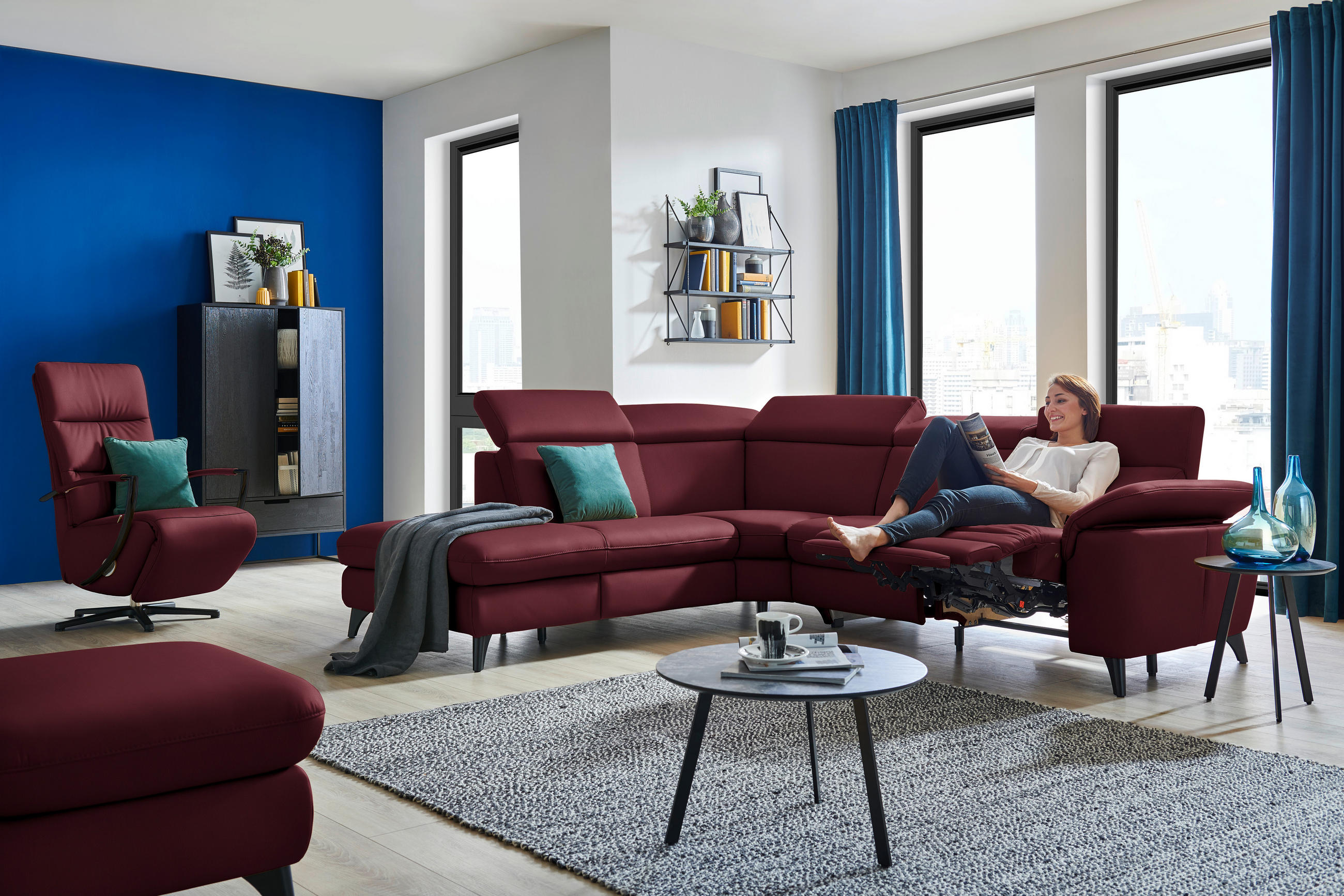 ECKSOFA in Echtleder Weinrot  - Weinrot/Schwarz, Design, Leder/Metall (239/285cm) - Cantus