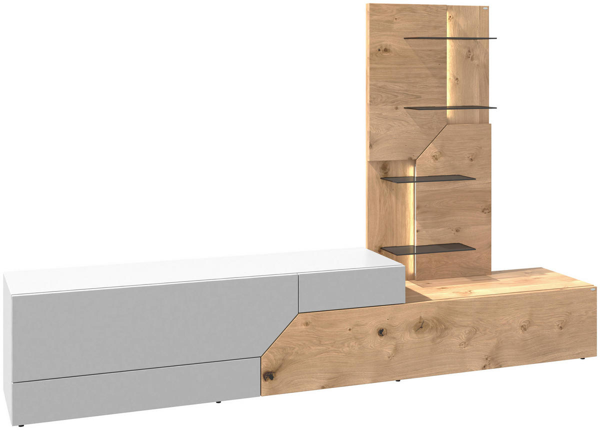 WOHNWAND 2-teilig  in Weiß, Eichefarben  256/162/44,6 cm  - Wildeiche/Eichefarben, Design, Glas/Holz (256/162/44,6cm) - Voglauer