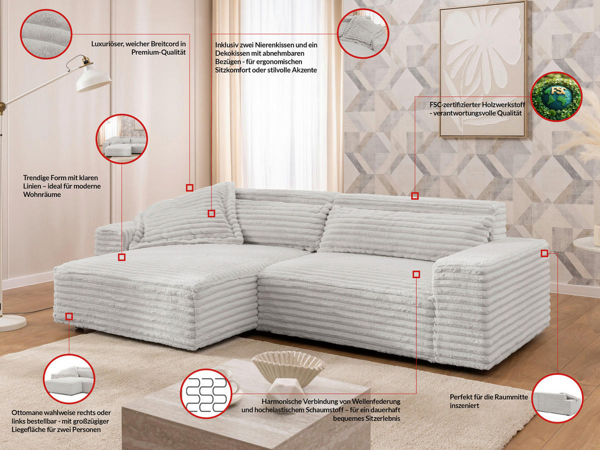 ECKSOFA Cord Hellgrau  - Hellgrau/Schwarz, Design, Kunststoff/Textil (251/142cm) - P & B
