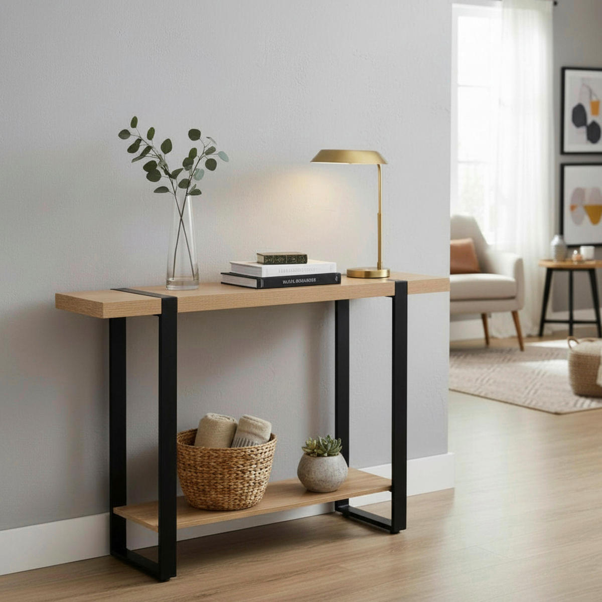 KONSOLENTISCH Schwarz, Eichefarben  - Eichefarben/Schwarz, Design, Holzwerkstoff/Metall (120/30/82cm)