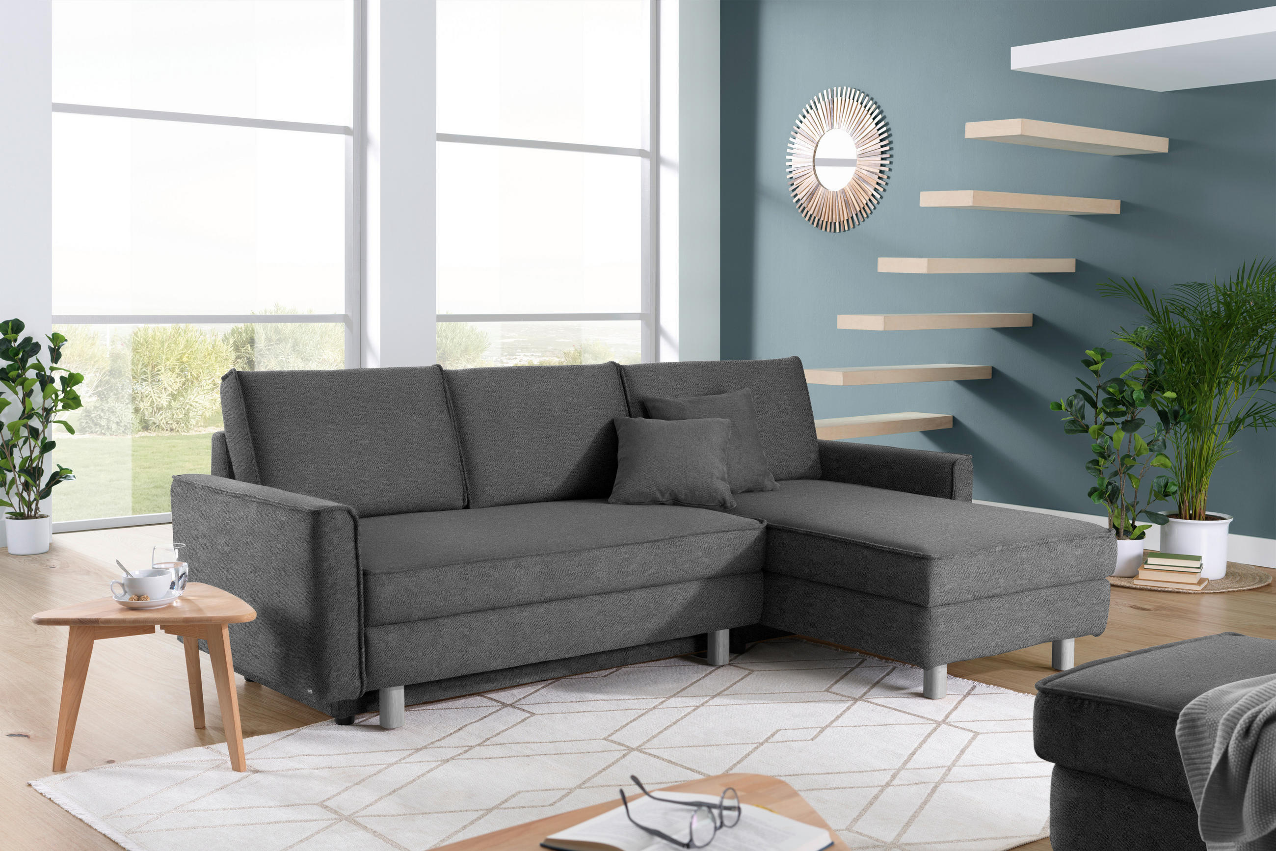 ECKSOFA in Chenille Dunkelgrau  237/155/170 cm  - Eichefarben/Dunkelgrau, KONVENTIONELL, Holz/Textil (237/155/170cm) - Sedda