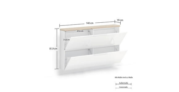 HÄNGESCHUHSCHRANK 140/82/19 cm - Eichefarben/Weiß Hochglanz, Design, Holzwerkstoff/Metall (140/82/19cm) - Xora