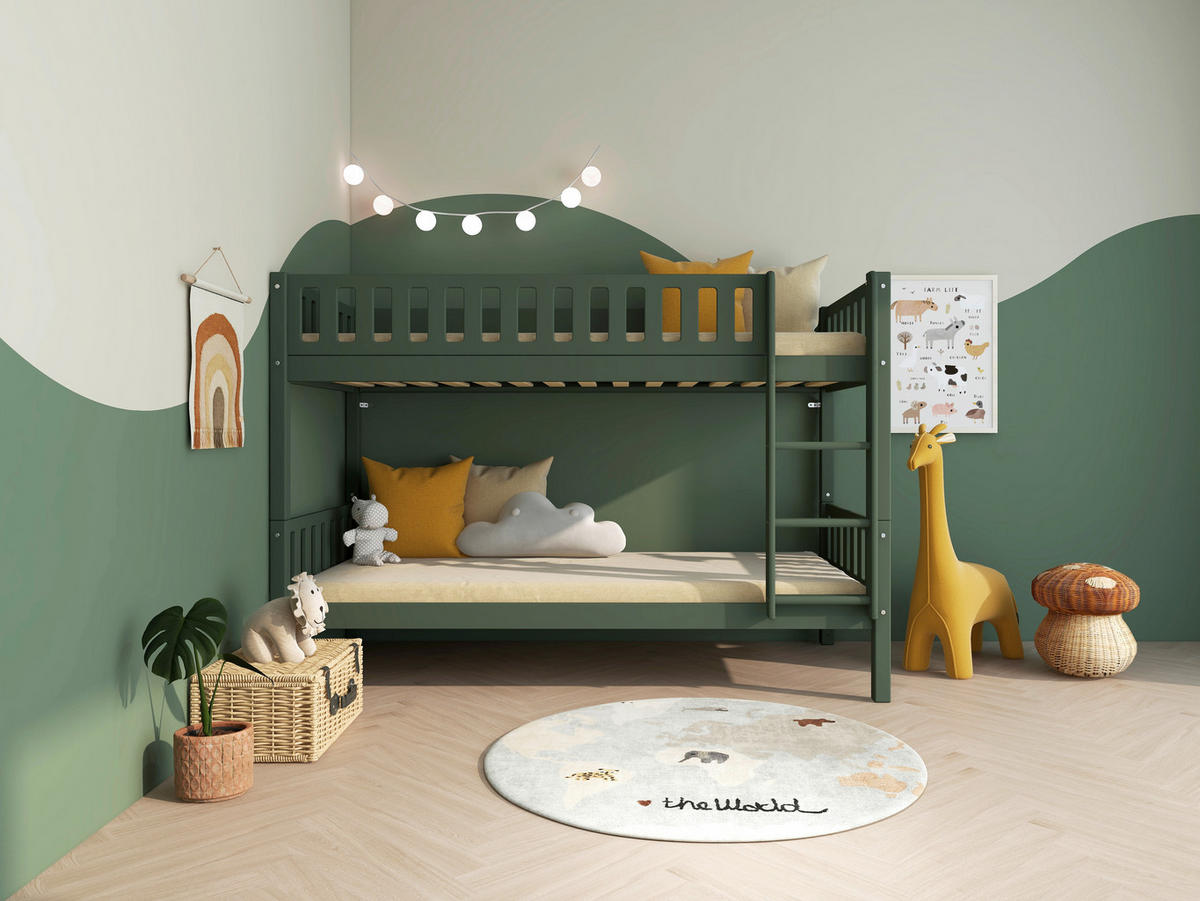 ETAGENBETT 90/200 cm,  in Absturzsicherung, Leiter, Rollroste  - Dunkelgrün, MODERN, Holz (90/200cm) - Chameo