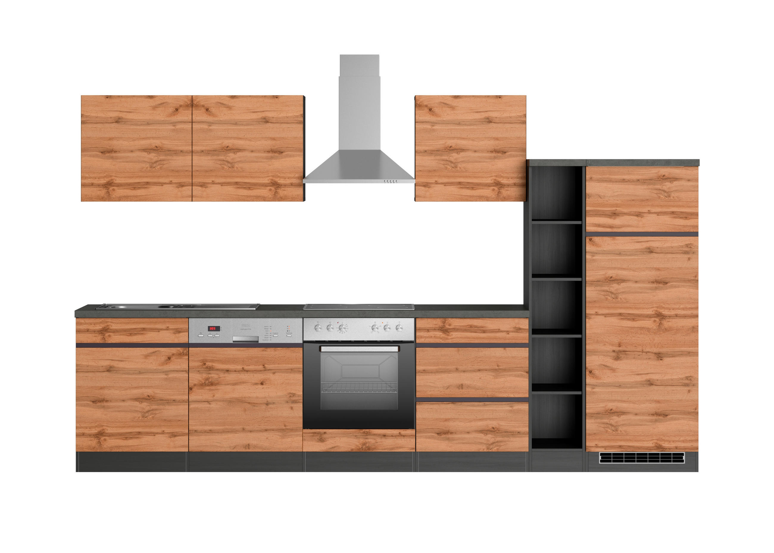 KÜCHENBLOCK 330 cm   in Graphitfarben, Eiche Wotan  - Eiche Wotan/Graphitfarben, Design, Holzwerkstoff (330cm) - Held