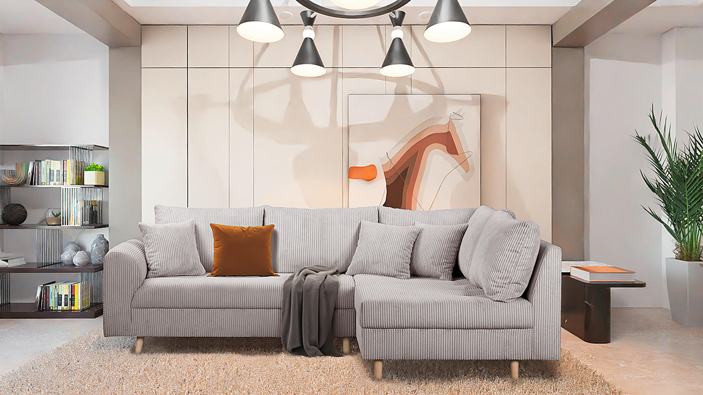 ECKSOFA Ariella Grau Cord  - Naturfarben/Grau, Design, Holz/Textil (231/161cm) - Livetastic