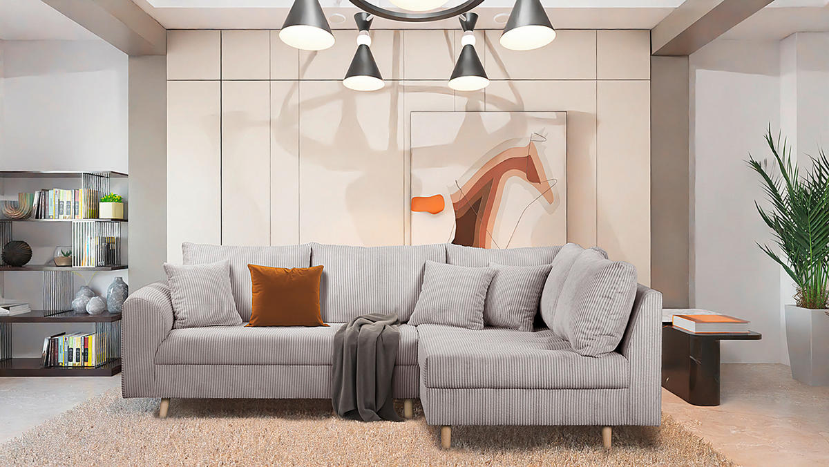 ECKSOFA Ariella Grau Cord  - Naturfarben/Grau, Design, Holz/Textil (231/161cm) - Livetastic