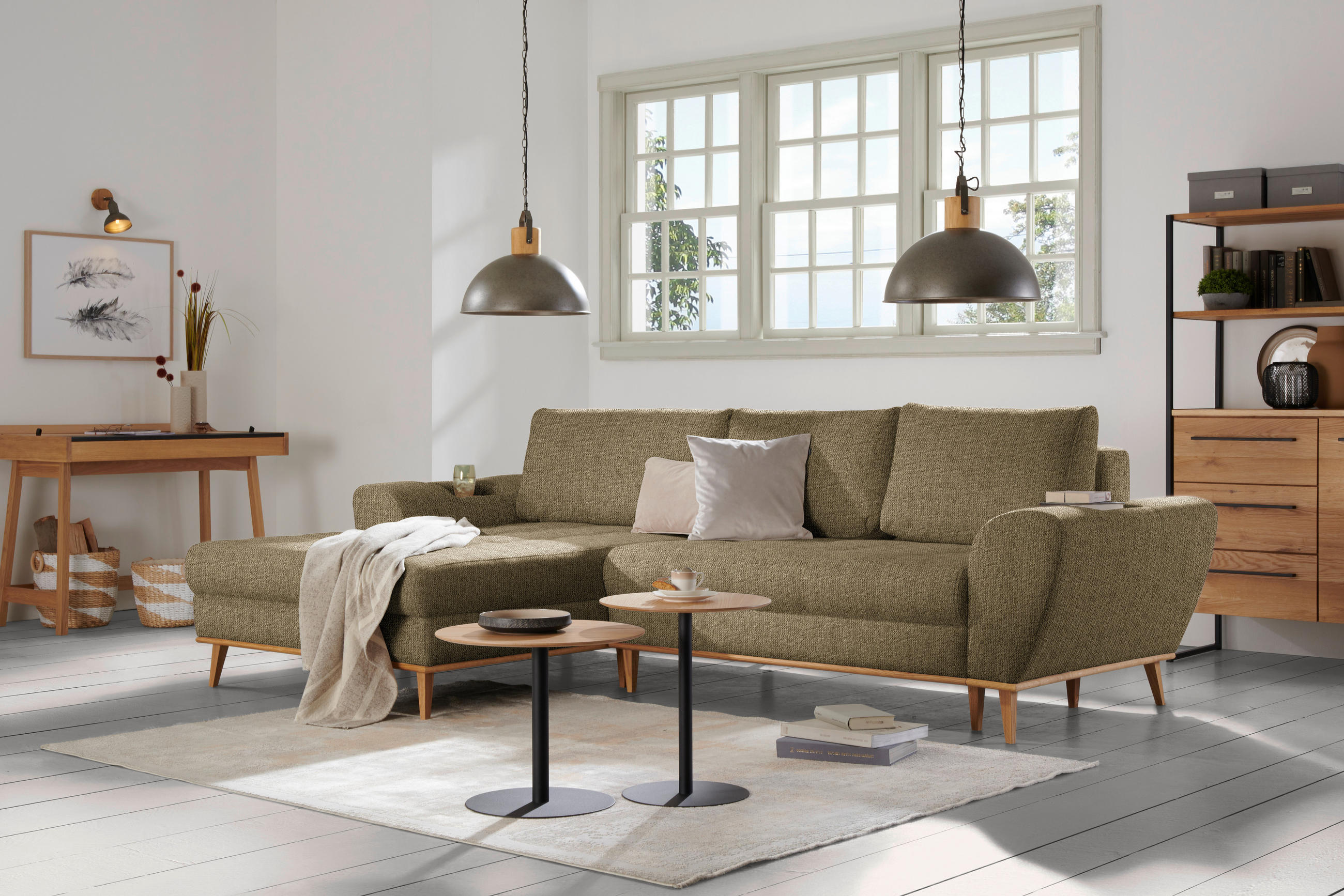 ECKSOFA in Webstoff Olivgrün  - Eichefarben/Olivgrün, Design, Holz/Textil (175/282cm) - Carryhome