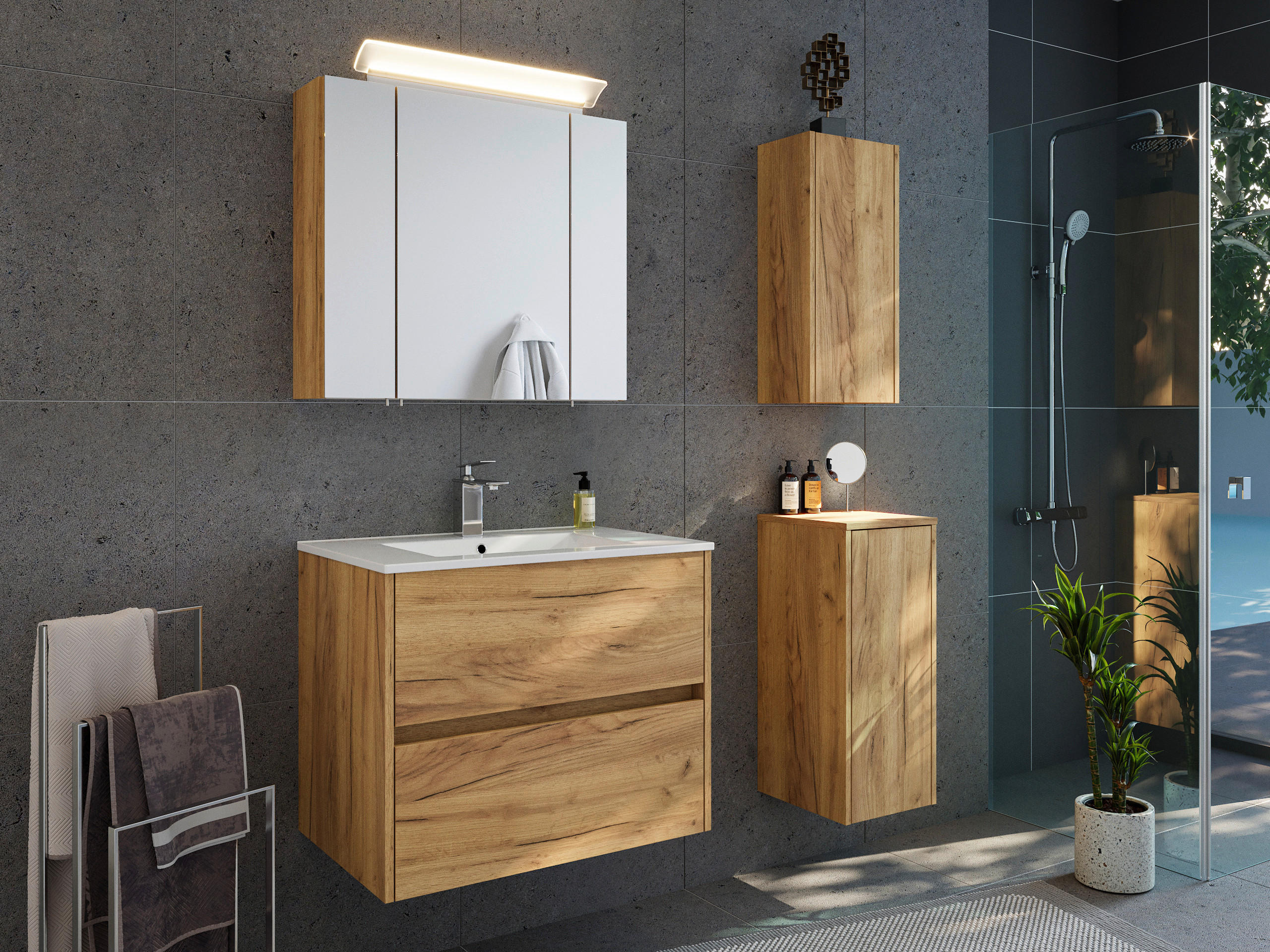 WASCHTISCHKOMBI 70 cm  - Eichefarben/Weiß, MODERN, Keramik/Holzwerkstoff (70cm) - MID.YOU