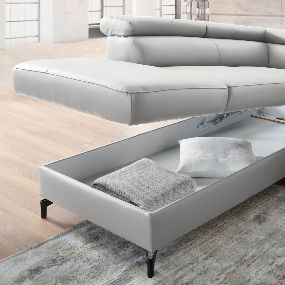 ECKSOFA Echtleder Weiss  - Weiss/Schwarz, Design, Leder/Metall (220/256cm) - Celina Home