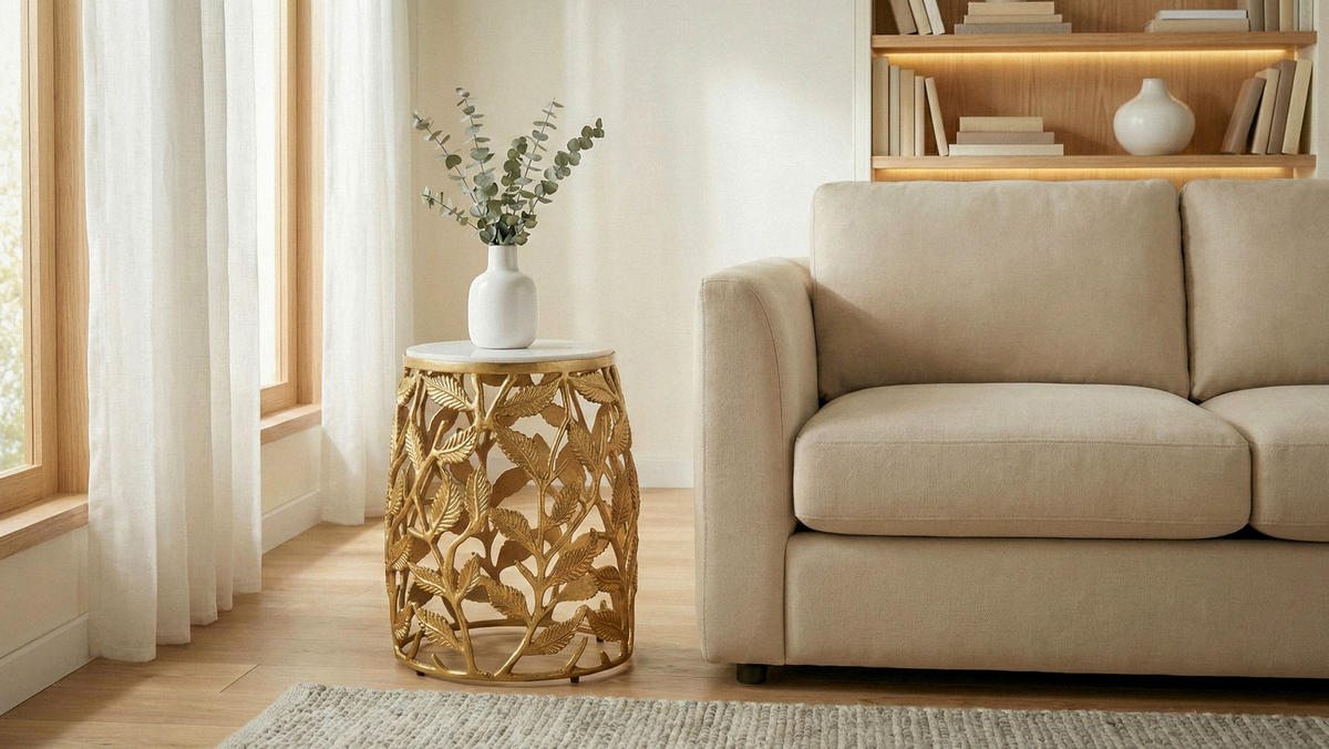 ODKLÁDACÍ STOLEK, bílá, barvy zlata, kámen, 40/40/46 cm - bílá/barvy zlata, Design, kov/kámen (40/40/46cm) - MID.YOU
