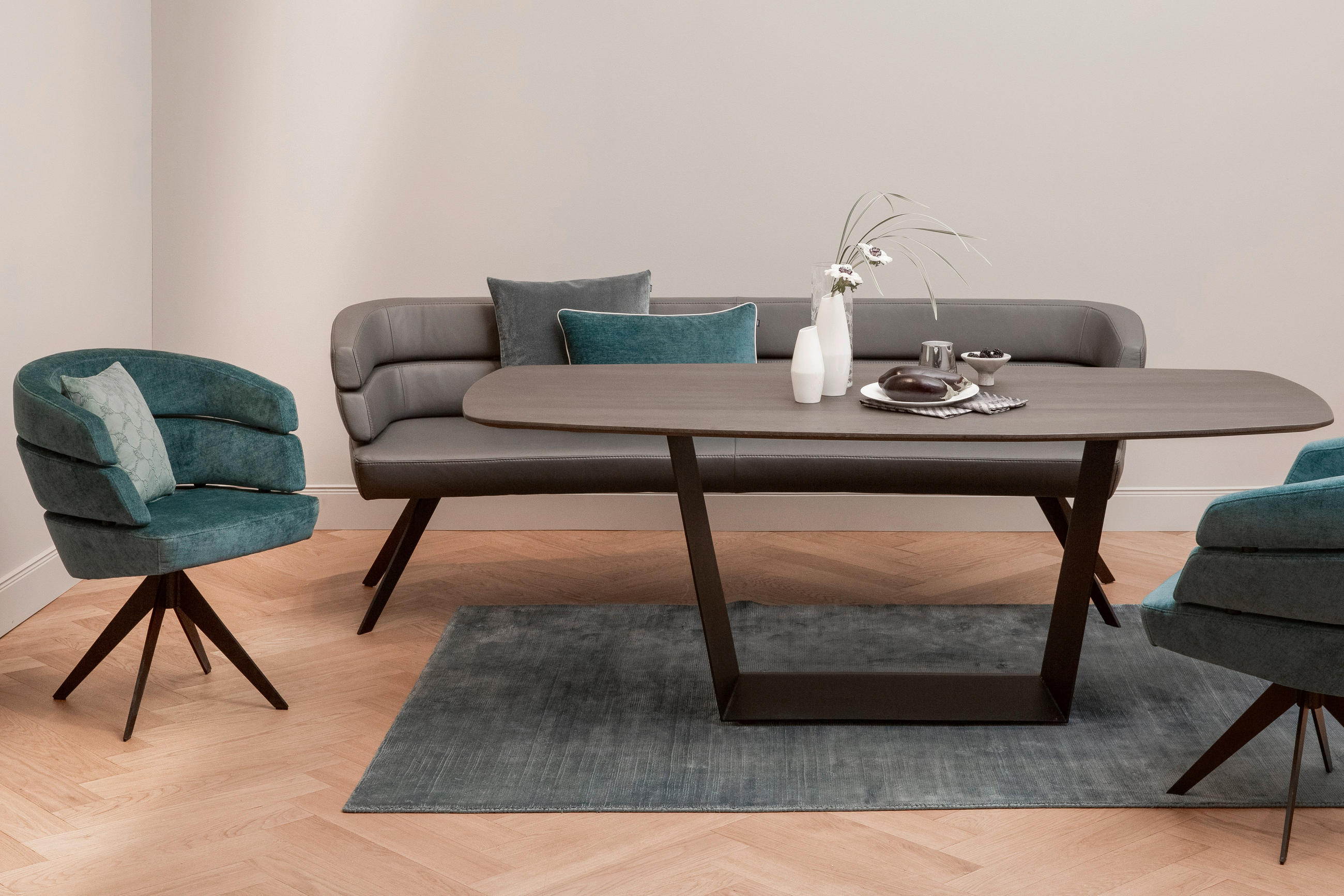 SITZBANK 229/84/77 cm Echtleder Schieferfarben  - Schieferfarben/Schwarz, Design, Leder/Metall (229/84/77cm) - Joop!