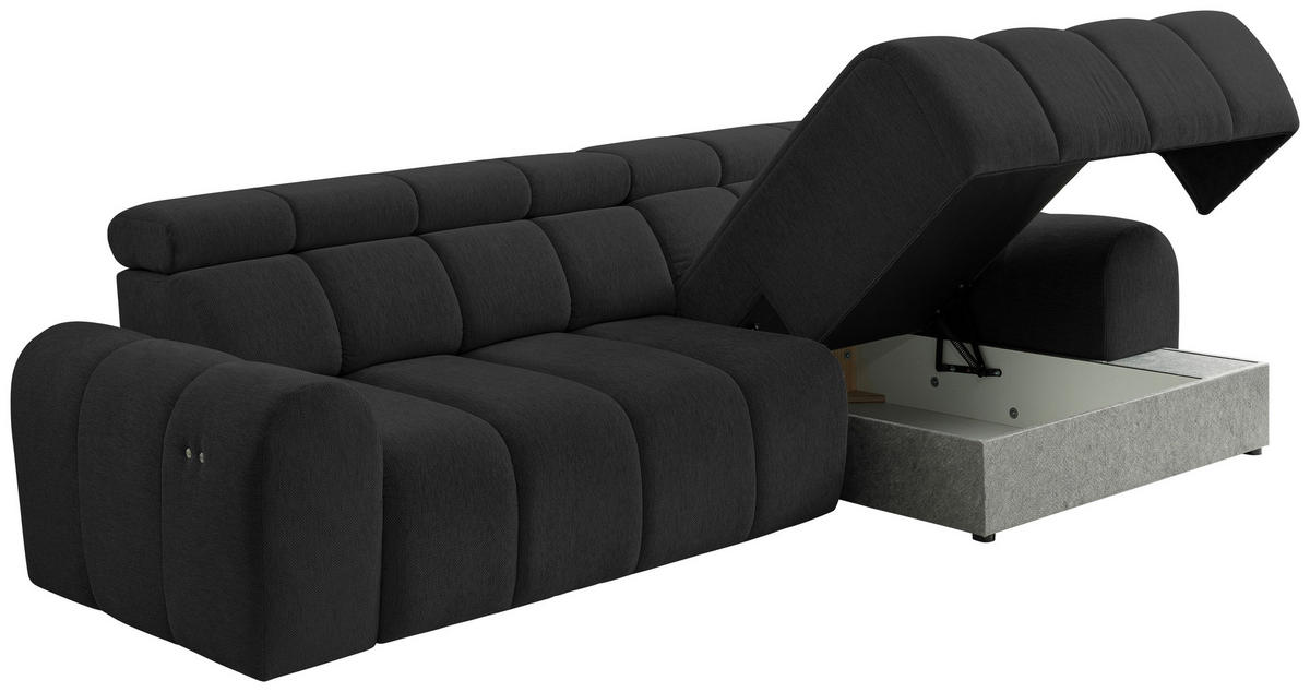 ECKSOFA Schwarz Chenille Bettkasten, Rücken echt, Kopfteilverstellung, Sitzvorzug  - Schwarz, Design, Kunststoff/Textil (290/152cm) - Stylife