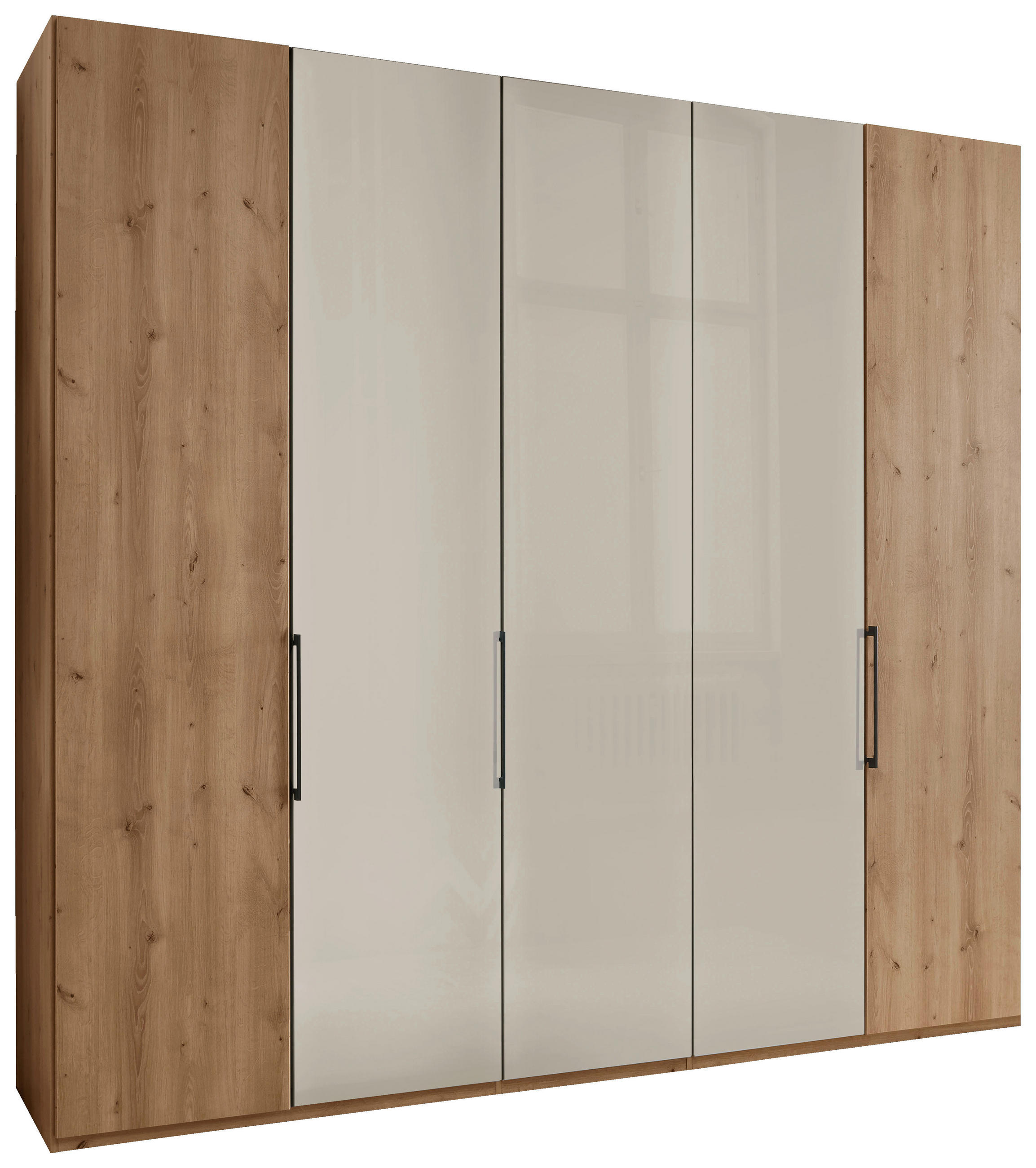 FALTTÜRENSCHRANK 250/216/58 cm 3-türig Champagner, Eiche Bianco  - Schieferfarben/Eiche Bianco, KONVENTIONELL, Glas/Holzwerkstoff (250/216/58cm) - Dieter Knoll