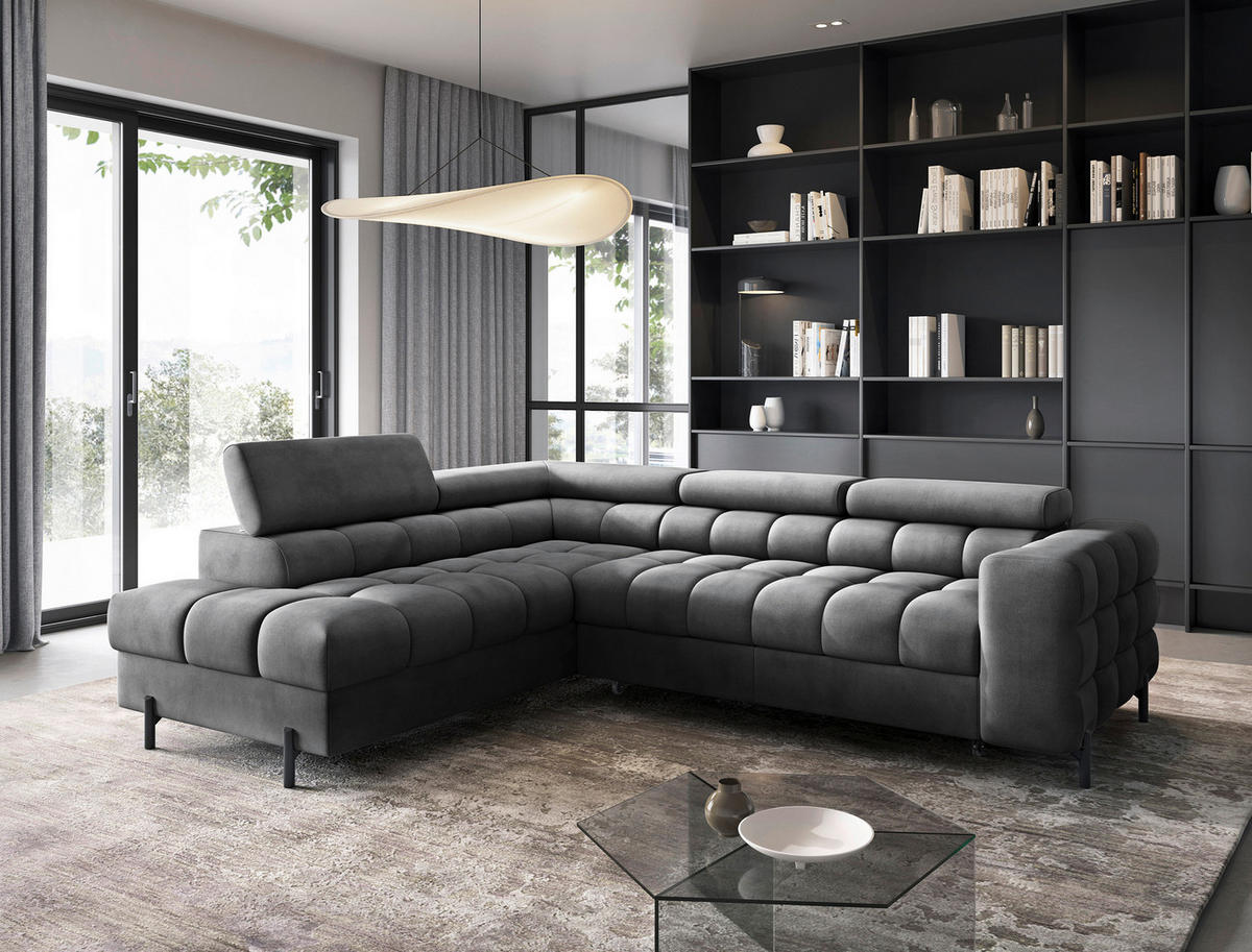 ECKSOFA FERUCCE Dunkelgrau Flachgewebe Bettkasten, Kopfteilverstellung  - Dunkelgrau/Schwarz, Design, Textil/Metall (200/276cm) - MID.YOU