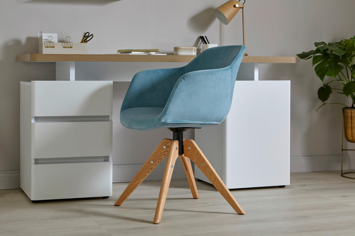 ARMLEHNSTUHL Samt Eichefarben, Hellblau Eukalyptusholz massiv  - Eichefarben/Hellblau, MODERN, Holz/Kunststoff (56,5/59/79cm) - Livetastic