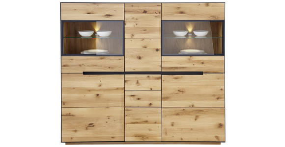 HIGHBOARD Wildeiche furniert, massiv, teilmassiv Eichefarben - Eichefarben/Anthrazit, Natur, Glas/Holz (155/136/38cm) - Linea Natura