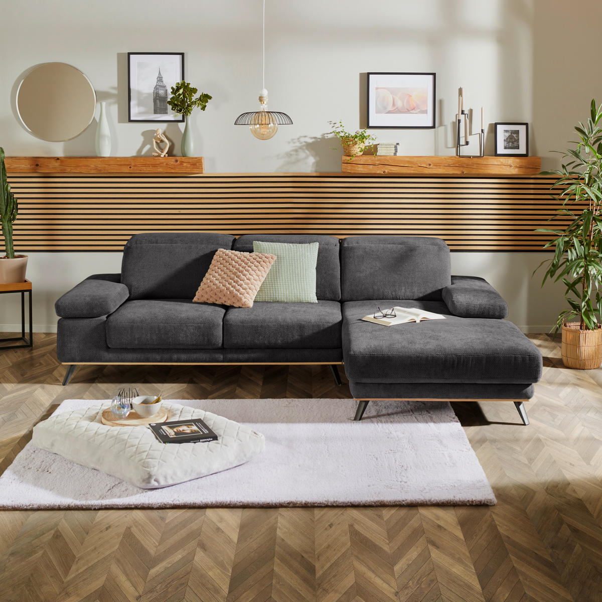 ECKSOFA in Struktur Graphitfarben  - Schwarz/Graphitfarben, Modern, Textil/Metall (283/194cm) - MID.YOU