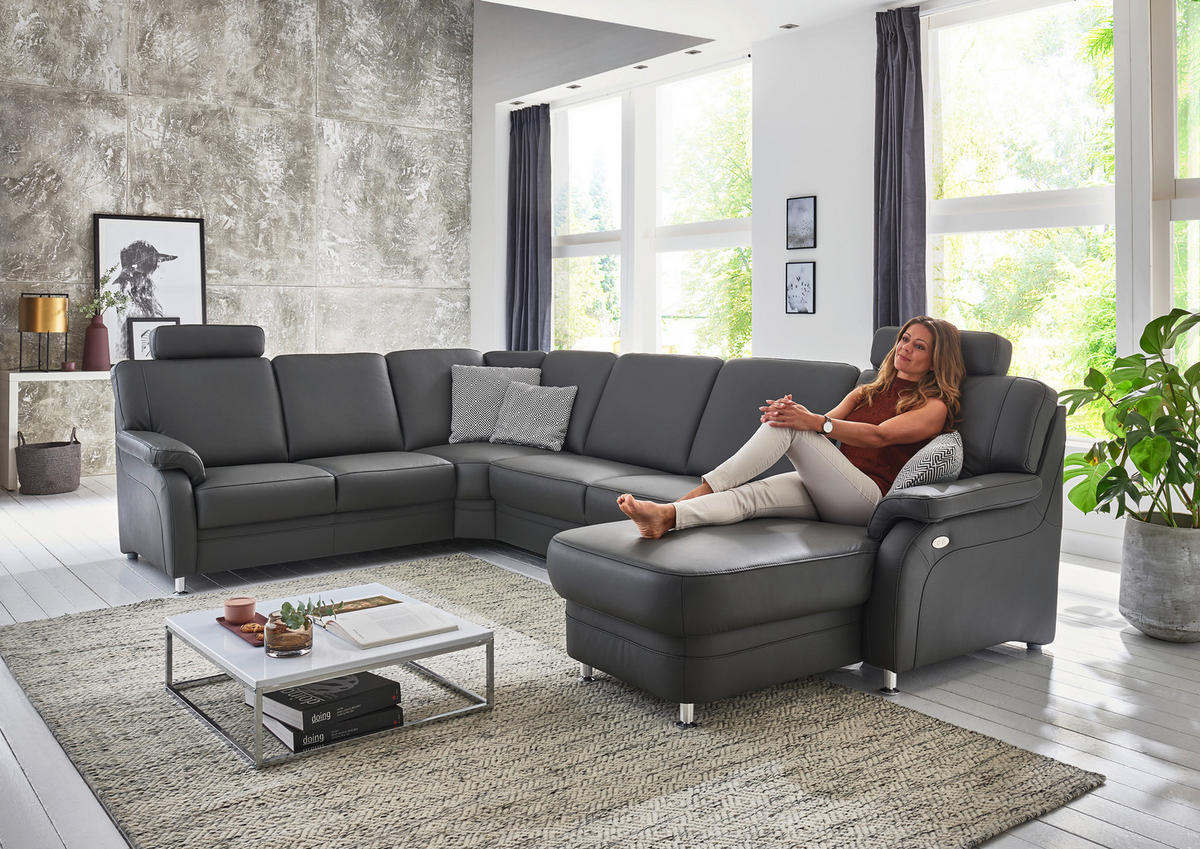 WOHNLANDSCHAFT in Echtleder Anthrazit  - Anthrazit/Alufarben, Konventionell, Leder/Metall (239/329/165cm) - Beldomo Premium