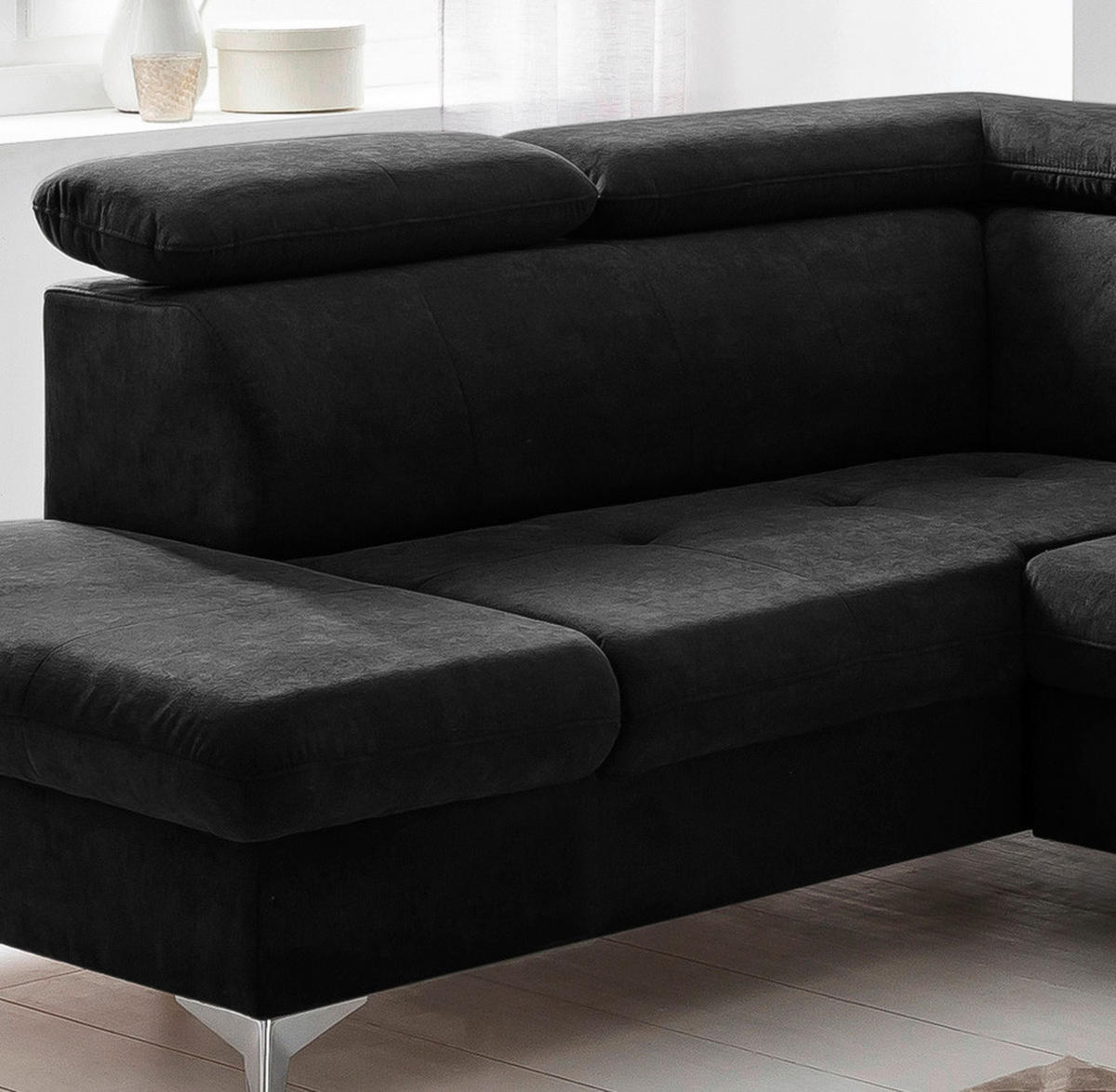 ECKSOFA Schwarz Mikrofaser  - Chromfarben/Schwarz, KONVENTIONELL, Textil/Metall (209/256cm) - Livetastic