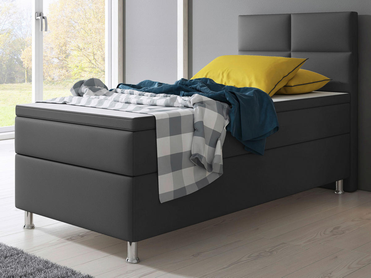 BOXSPRINGBETT 90/200 cm,  in Anthrazit, Matratze, gepolstertes Kopfteil, Topper, Matratzen, H3 + H3 = fest  - Anthrazit/Silberfarben, KONVENTIONELL, Leder/Textil (90/200cm) - MID.YOU