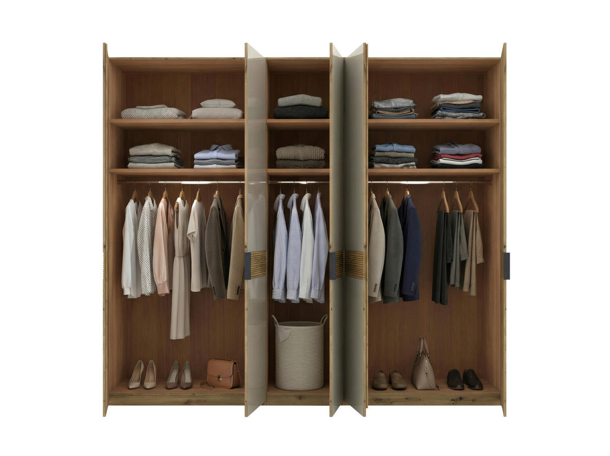 DREHTÜRENSCHRANK 250/216/58 cm,  in Champagner, Eiche Bianco, 5 Tür(en)  - Schieferfarben/Eiche Bianco, Design, Glas/Holz (250/216/58cm) - Musterring