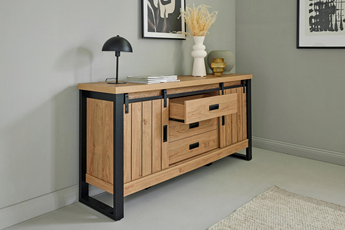 SIDEBOARD 153/75/39 cm  in Eichefarben  - Eichefarben/Schwarz, Modern, Holzwerkstoff/Metall (153/75/39cm) - MID.YOU