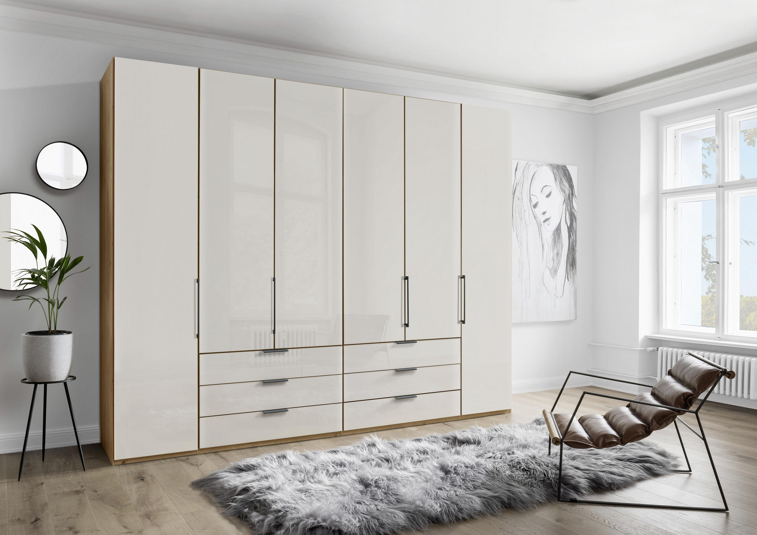 DREHTÜRENSCHRANK 6-türig Champagner, Eiche Bianco - Schieferfarben/Eiche Bianco, KONVENTIONELL, Glas/Holzwerkstoff (300/216/58cm) - Dieter Knoll