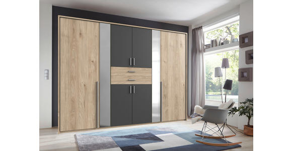 KLEIDERSCHRANK 270/208/58 cm 8-türig Graphitfarben, Eichefarben - Eichefarben/Alufarben, KONVENTIONELL, Glas/Holzwerkstoff (270/208/58cm) - Carryhome