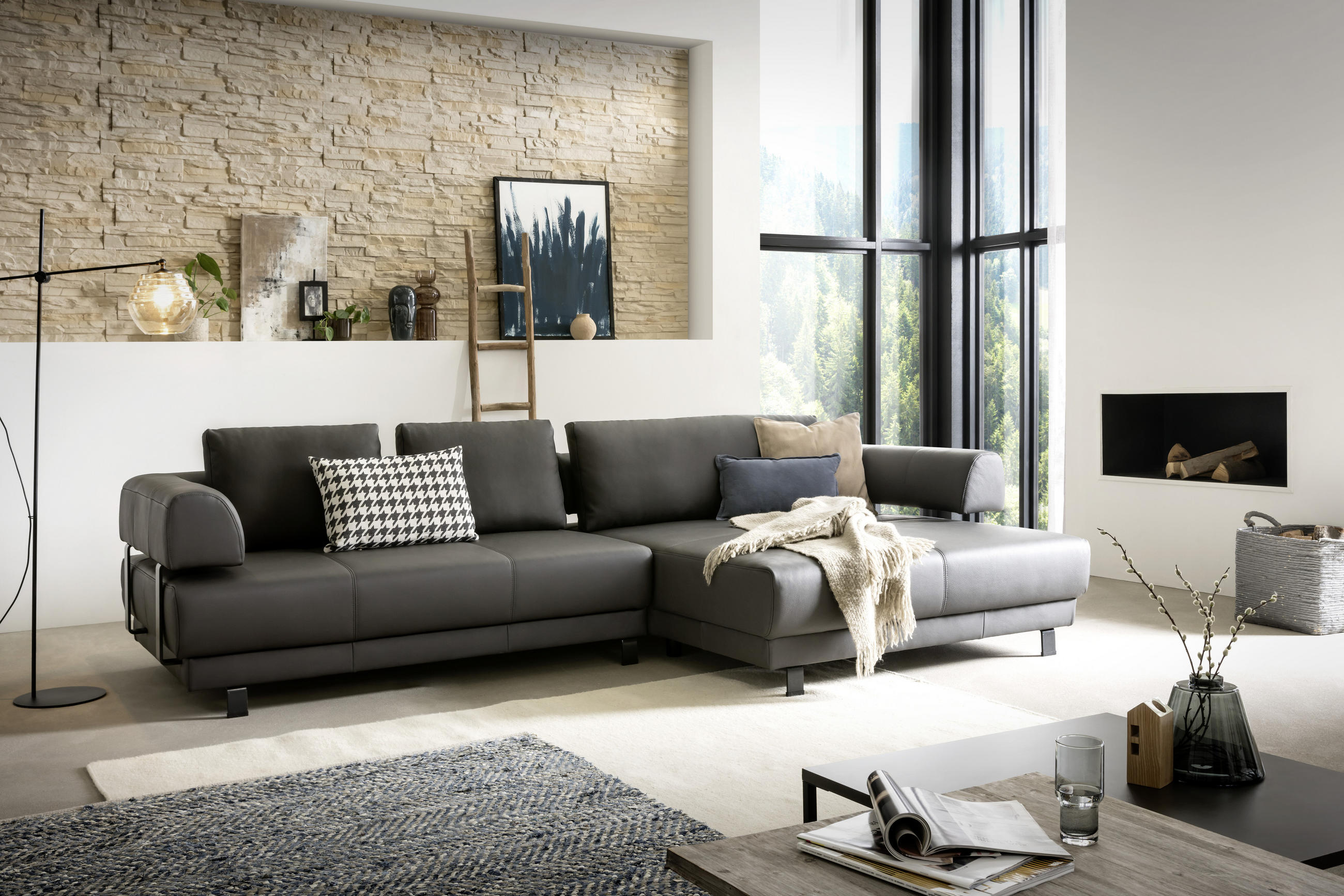 ECKSOFA Schieferfarben Echtleder - Schieferfarben/Schwarz, Design, Leder/Metall (307/188cm)
