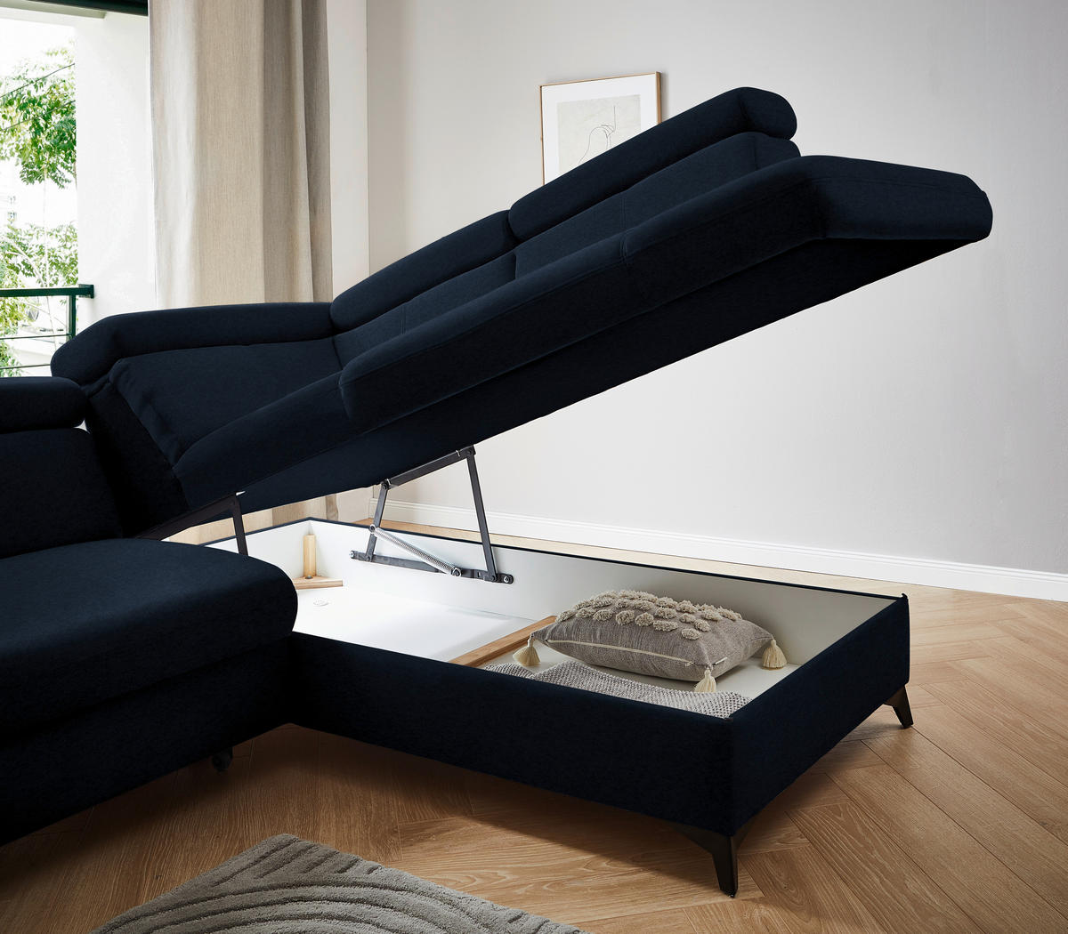 ECKSOFA in Mikrofaser Dunkelblau  - Schwarz/Dunkelblau, Design, Textil/Metall (260/203cm) - Stylife
