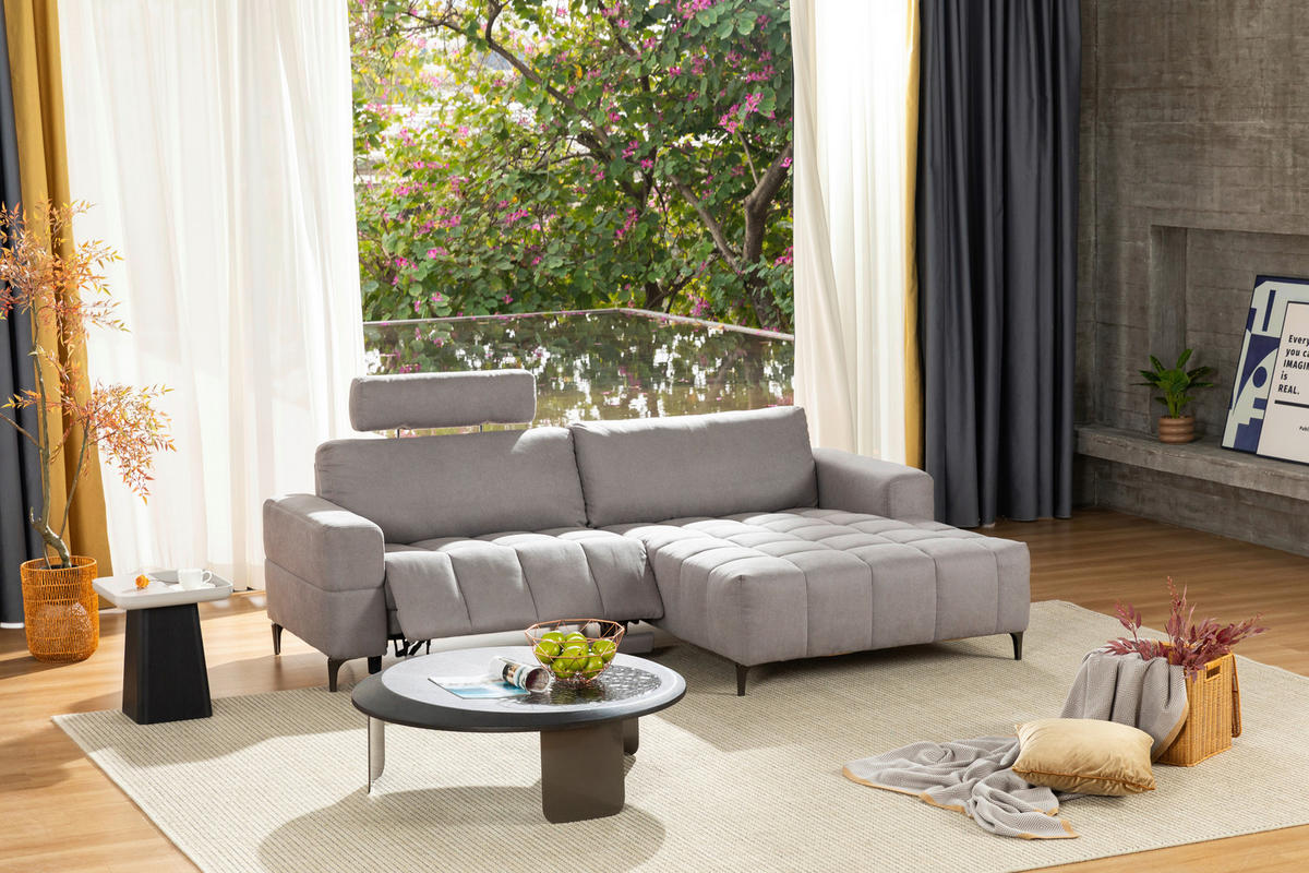ECKSOFA Hellgrau Mikrofaser  - Silberfarben/Hellgrau, Design, Textil/Metall (242/161cm) - Livetastic