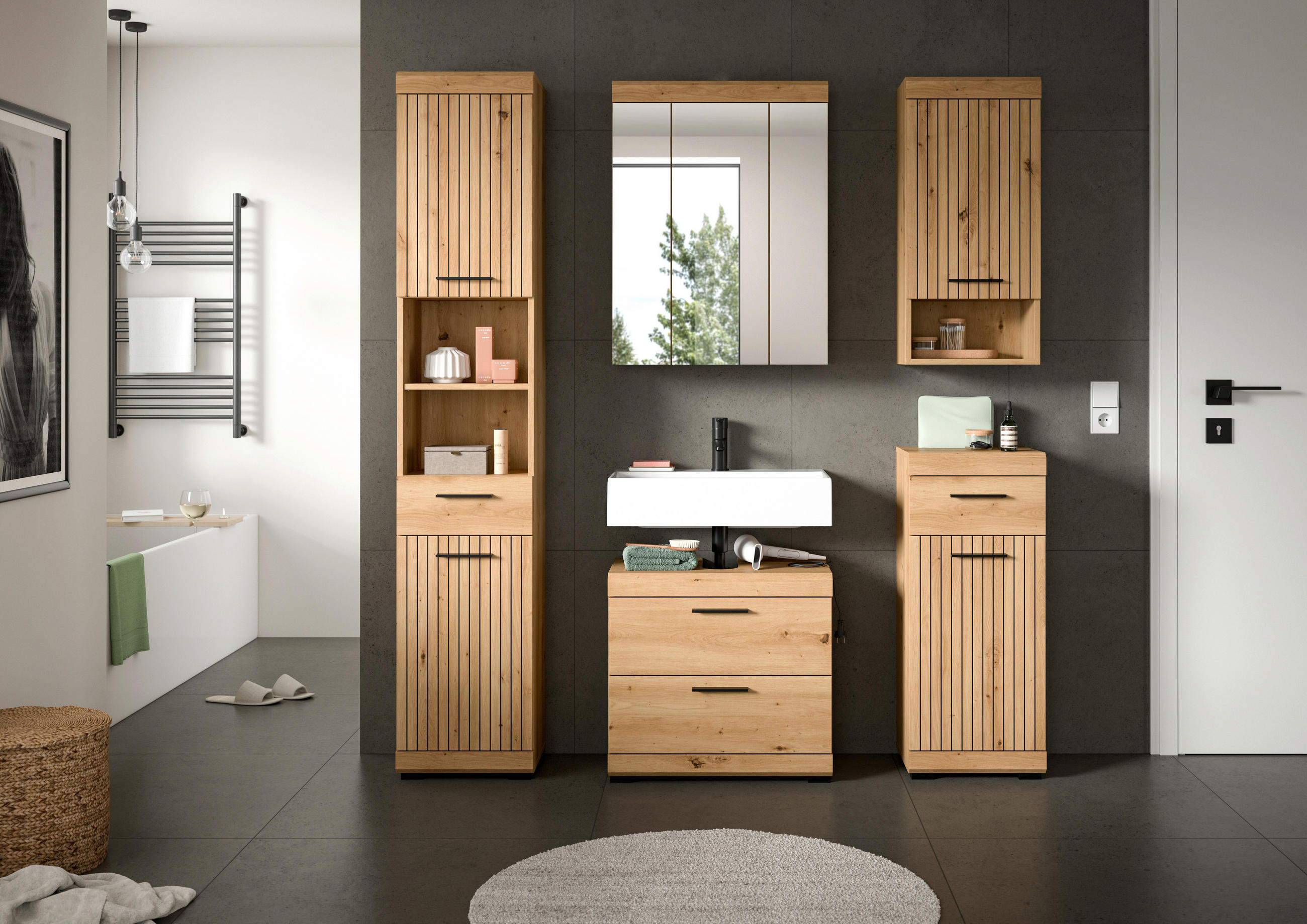 BADRUM 134 cm  - svart/ek Artisan, Trend, trämaterial/glas (134cm) - MID.YOU