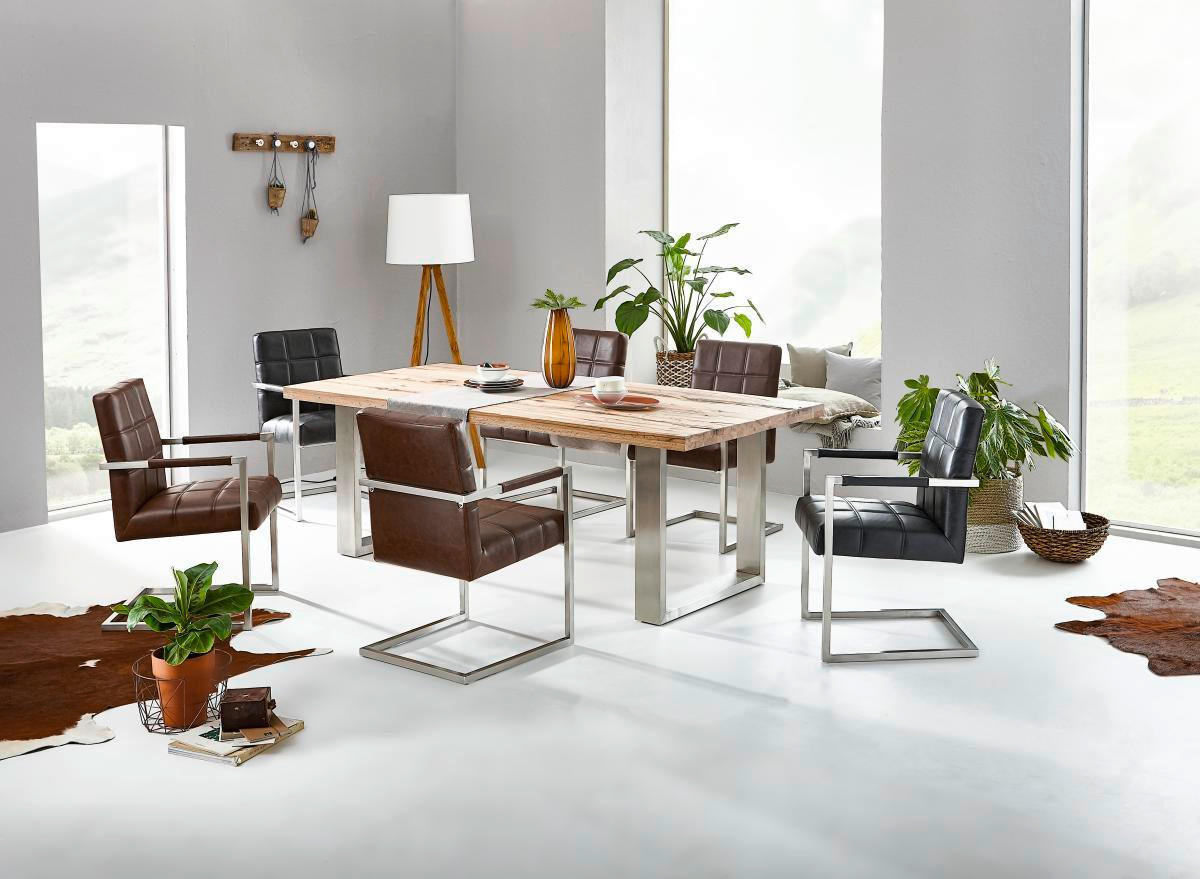 ESSTISCH Wildeiche massiv rechteckig Eichefarben, Edelstahlfarben  - Edelstahlfarben/Eichefarben, Design, Holz/Metall (220/100/77cm) - Novel