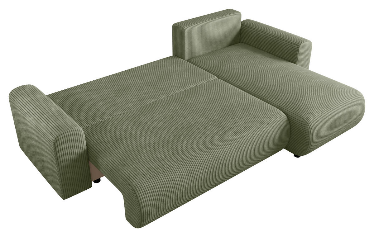 ECKSOFA Grün Cord Zierkissen, Rückenkissen, Schlaffunktion, Rücken echt, Stauraum, Liegefläche im Originalstoff  - Schwarz/Grün, KONVENTIONELL, Kunststoff/Textil (246/152cm) - Xora