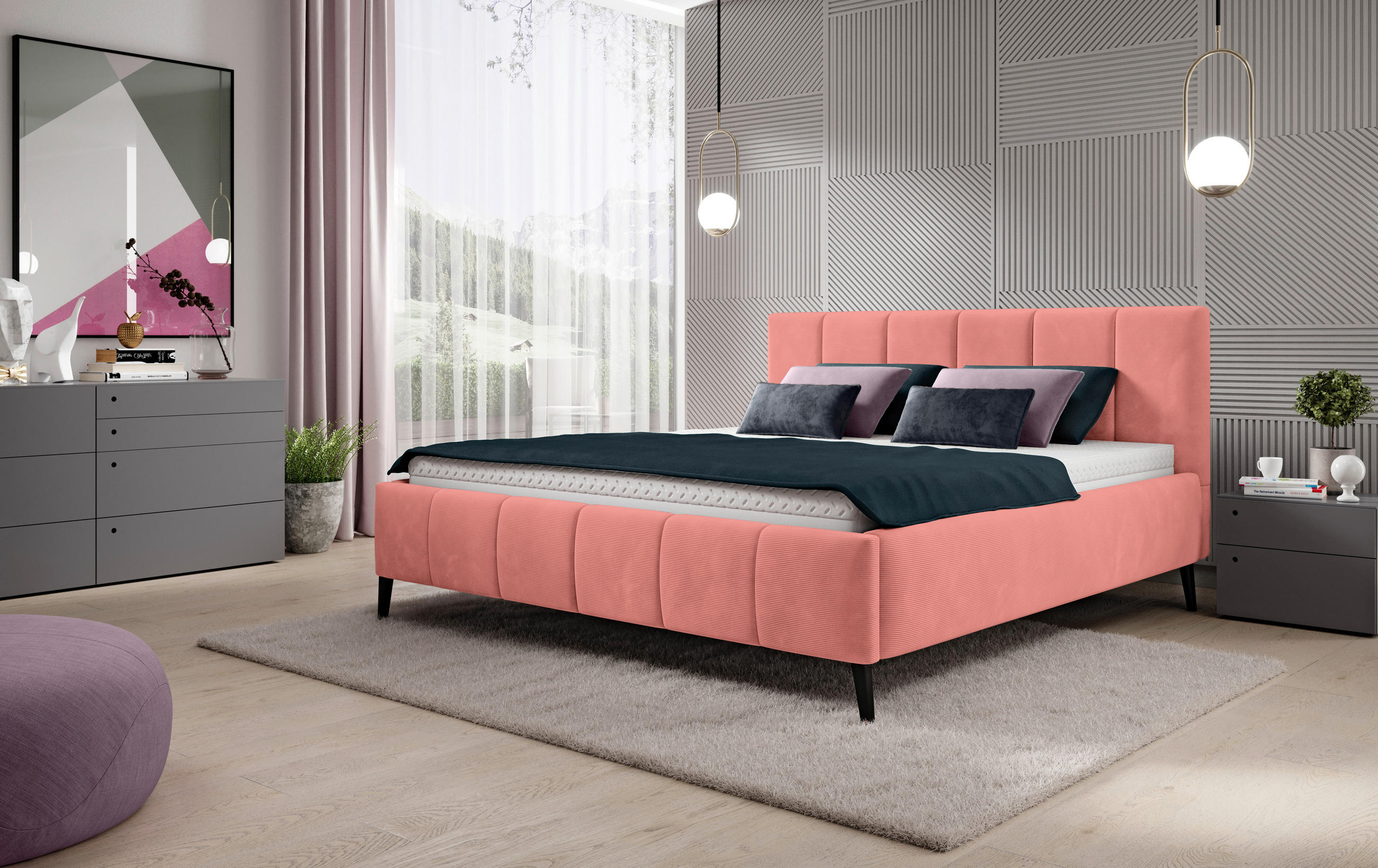 POLSTERBETT gepolstertes Kopfteil, Lattenrost 160/200 cm  in Koralle  - Koralle/Schwarz, Trend, Holz/Textil (160/200cm) - home24