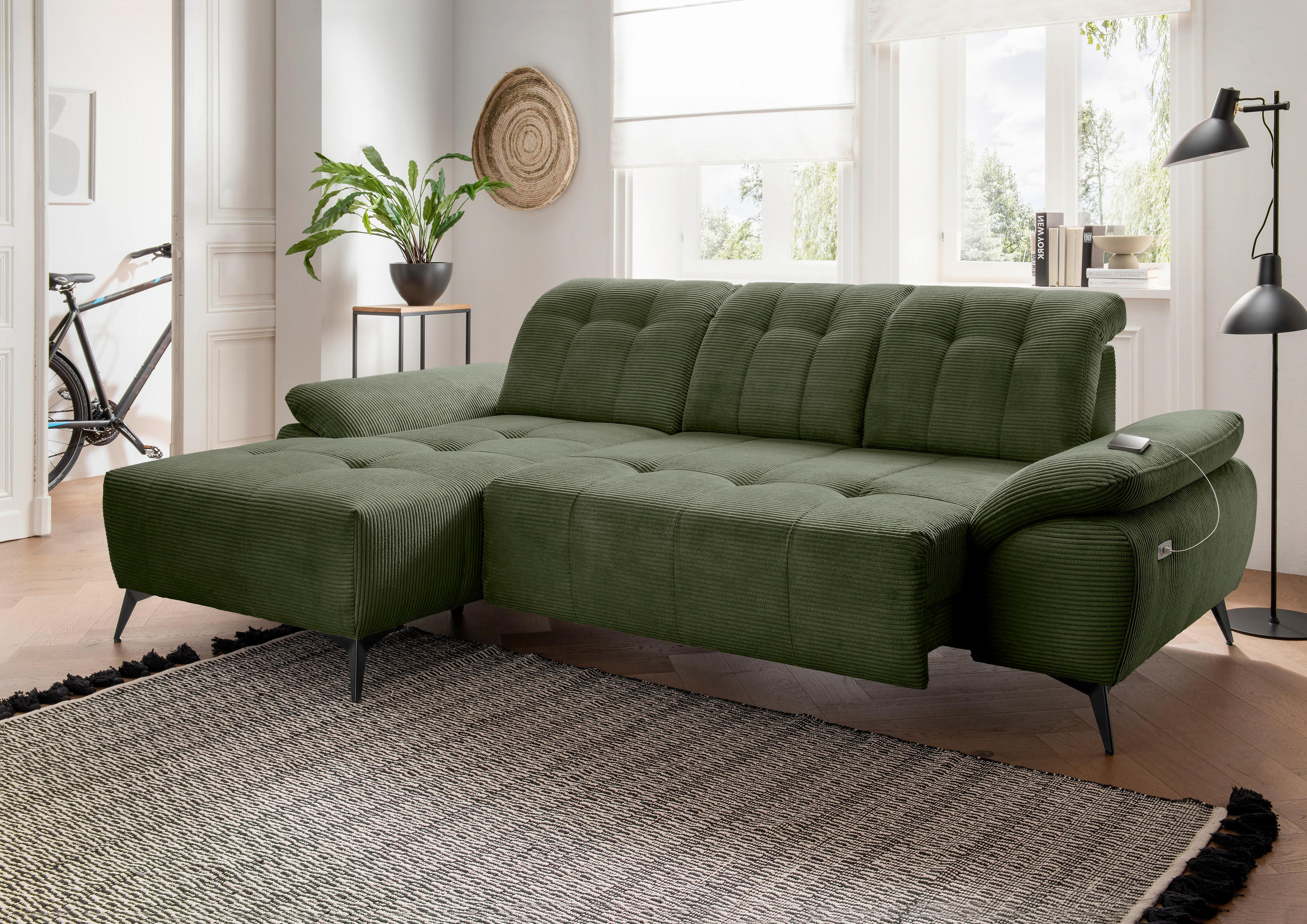 ECKSOFA Cord Dunkelgrün  - Dunkelgrün/Schwarz, Modern, Textil/Metall (180/280cm) - Livetastic