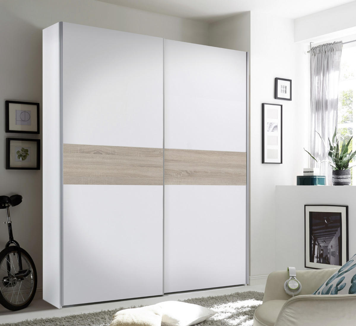 SCHWEBETÜRENSCHRANK 2-türig Weiß, Sonoma Eiche  - Eichefarben/Alufarben, KONVENTIONELL, Holzwerkstoff/Metall (170/195/59cm) - Carryhome